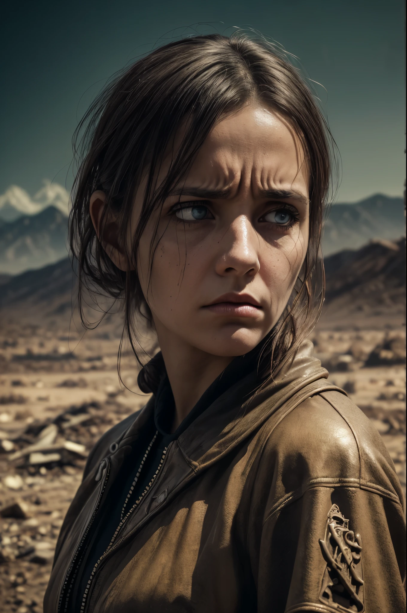 (Realistic:1.4), analog photo style, depth of field, Vivid colors, fragile, vulnerable, female reaper, sad, worried expression, looking away, professional photoset in post-apocalyptic style, insanely detailed, intricate wasteland landscape background, (((masterpiece))), top quality, 8K, ultra high resolution, high contrast, low saturation