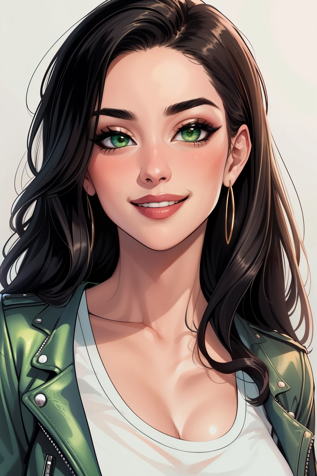 Amazing portrait of a sexy Spanish woman wearing her black messy hair, seductively gazing and smiling, soft lips, parted, blushing intensely, smiling, white t-shirt, leather jacket, medium chest, perfect body, perfect green eyes