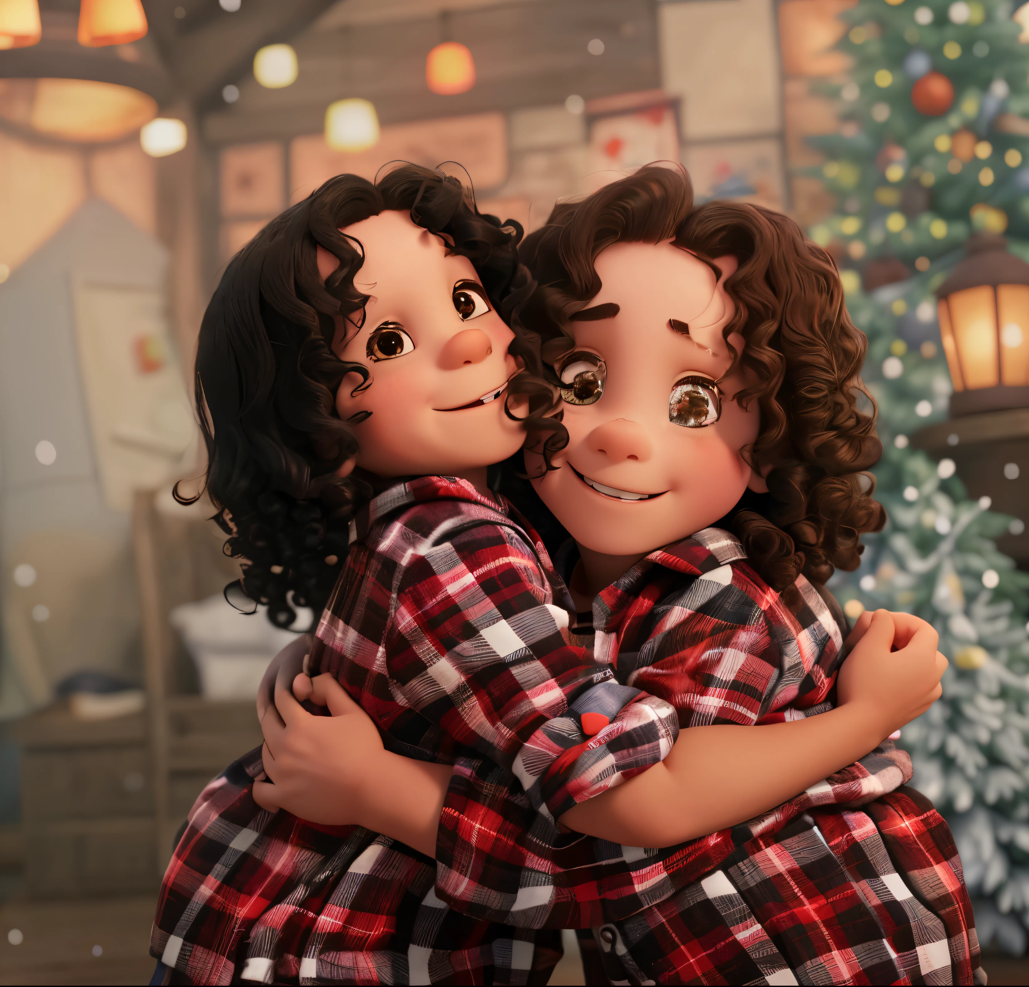 dois s, children, little dwarves, Macho, Muito Jovem, 2 anos de idade, red plaid button down shirt, sorridente, cabelo escuro e cacheado, Snow floor, feito no estilo Disney Pixar, 3d, alta qualidade, Melhor qualidade