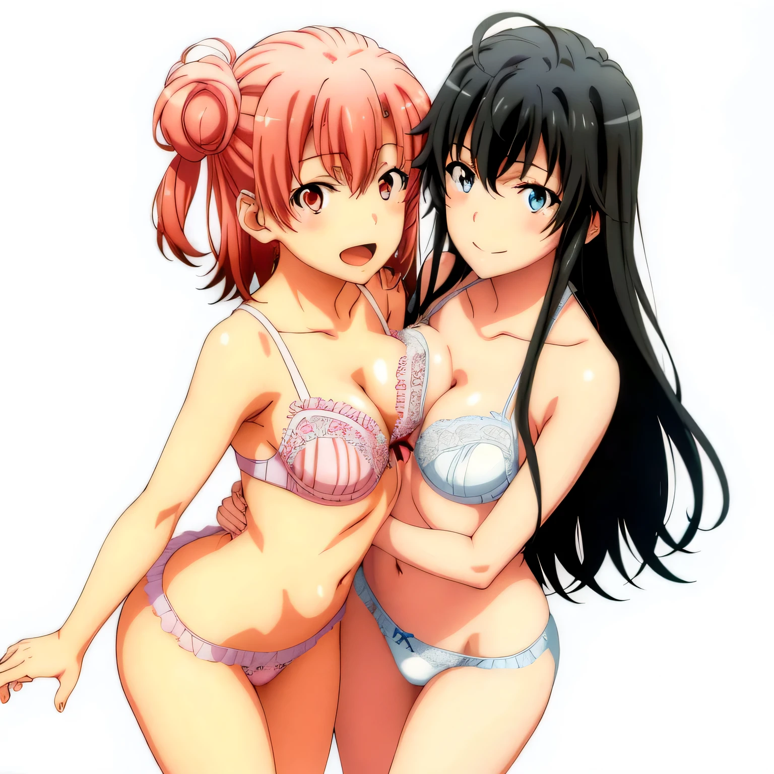 2 girls , Yukinoshita Yukino , yuigahama yui is well-shaped breasts , waltz dance , In underwear,whole body,pink silk panties,white silk panties,high angle,