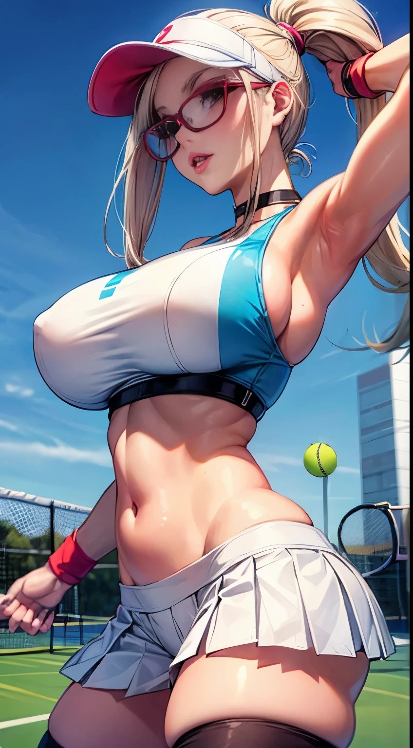 bmb-fc, sunny, bodycon dress, 1girl, face, woman , (masterpiece, best quality), 1girl, 18 years old, ((gymnastic pose)), platinum blonde hair, ((high and long ponytail hair)), plump lips, bimbo lips, huge breast, hourglass figure, embarassed face, (((exposed navel))), sweaty body, ((glasses)), visor, (((hot tennis outfit))), tight white sport bra, stripper pleated microshorts, choker, tennis field, thighhighs,