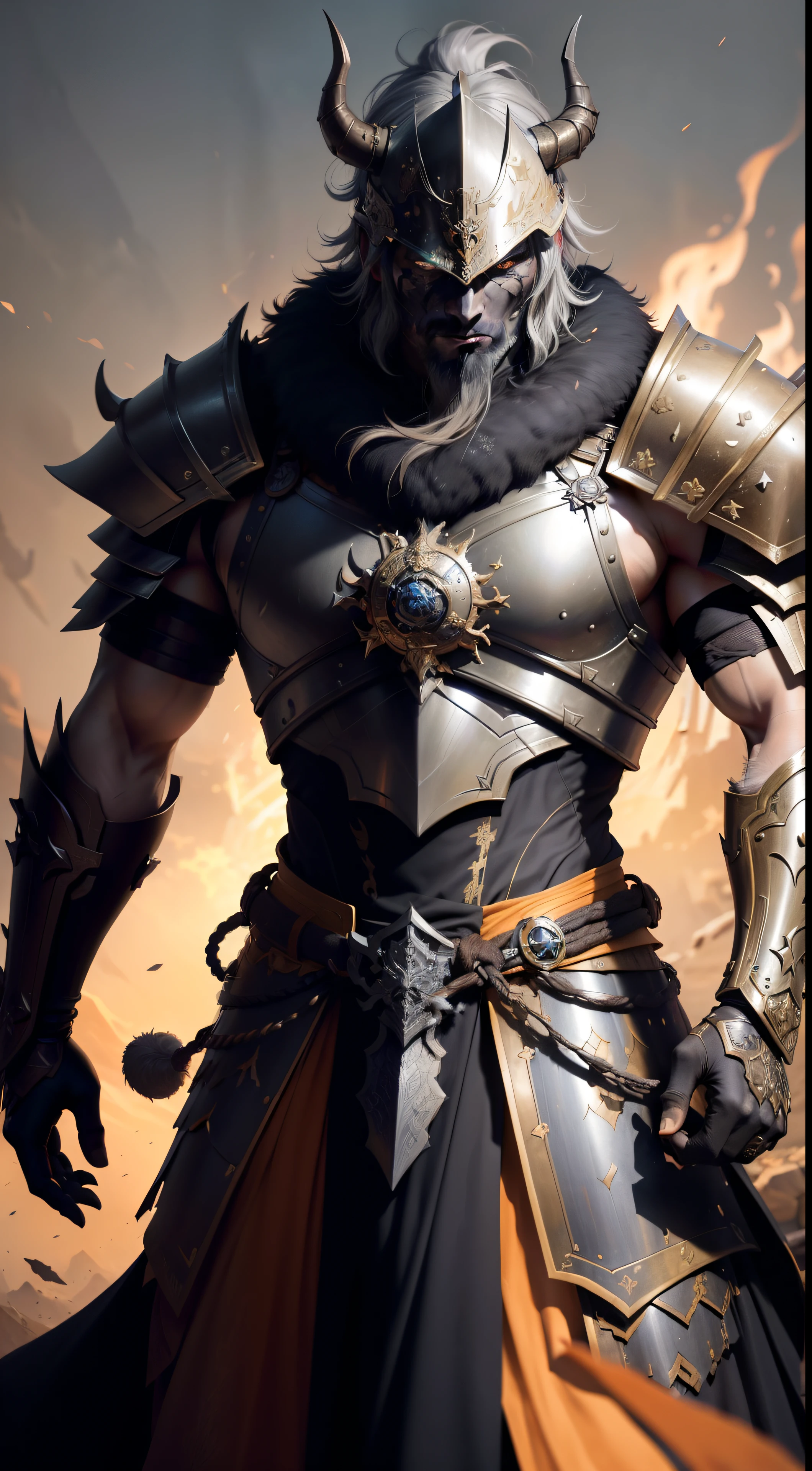 Man in intricately designed samurai armor, adorned with dusty details and fur around the neck and waist. He dons a devilish helmet with horns, adding an ominous aura to his epic appearance. The armor is battle-worn and battered, showcasing the scars of past battles. This man warrior emerges as a dynamic DND character portrait, with a face bearing the mark of a deep, proud scar.
His armor, with its hyperdetailed and alphonse mucha-inspired design, seamlessly blends unreal 5 technology and pre-raphaelite aesthetics. Volumetric lighting illuminates every detail, highlighting