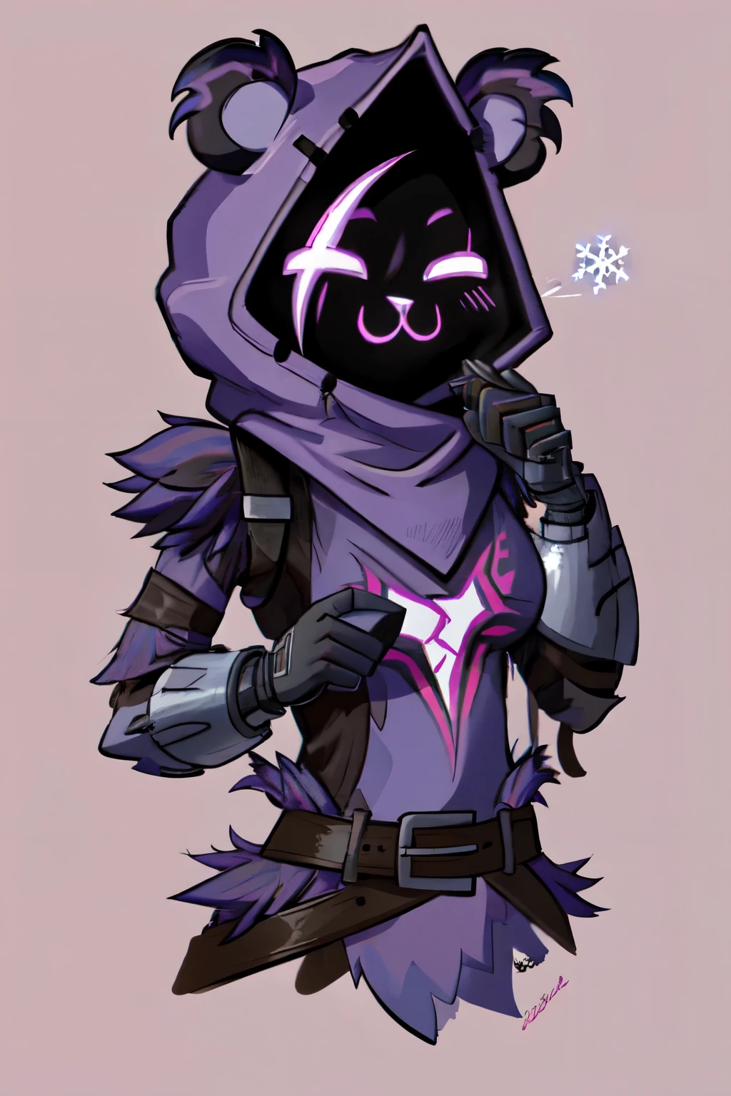 Raven Team Leader, 1girl, purple hood, animal ears, shaded face, purple skin, scar on eye, (furry), (body fur:1.2), purple fur, belt, straps, :3, torso symbol, metal gloves, upper body, red background, closed eyes, snowflakes, christmas