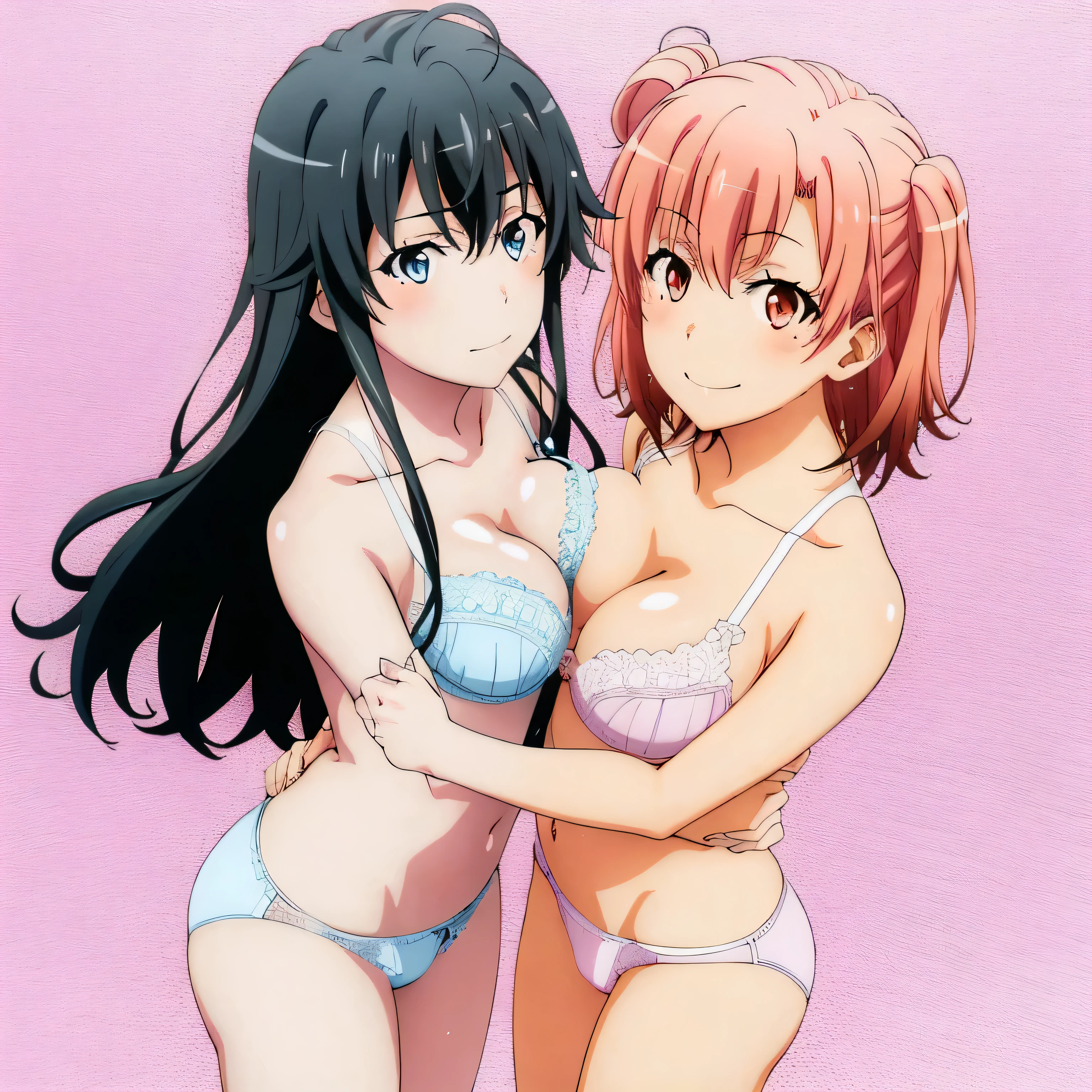 2 girls , Yukinoshita Yukino , yuigahama yui is well-shaped breasts , waltz dance , In underwear,whole body,pink silk panties,white silk panties,high angle,