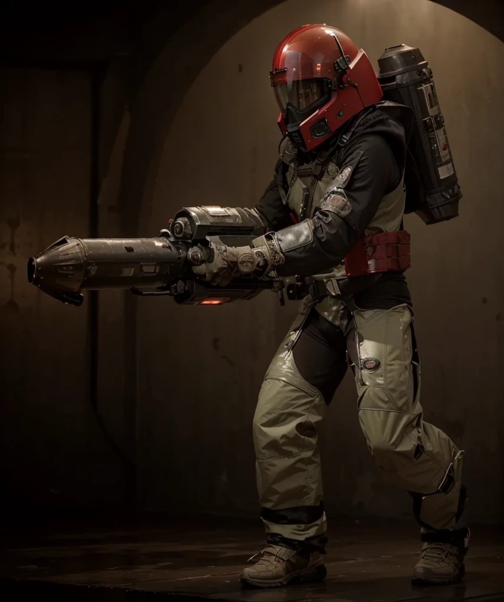 male soldier running, ultra modern green latex chemical suit, heavy cybernetic armor in black color with red color details, helmet is a red transparent glass cupola, metal shoulder pads, metal wrist, holds an advanced cannon, has a metal tank on his back, military boots, he is in inside a military hangar with military planes black color, red stained glass, symbol of the tail of a scorpion, image in red tones, 4k, ultra detailed image, realistic, very detailed, perfect composition , splendid, intricately detailed, incredibly detailed, art photography 8k, hyper detailed, Masterpiece , ultra detailed, hyper realistic, 4k , ultra detailed image, realistic, highly detailed, perfect composition, splendid, intricately detailed, incredibly detailed, Artistic photography in 8k , hyper detailed