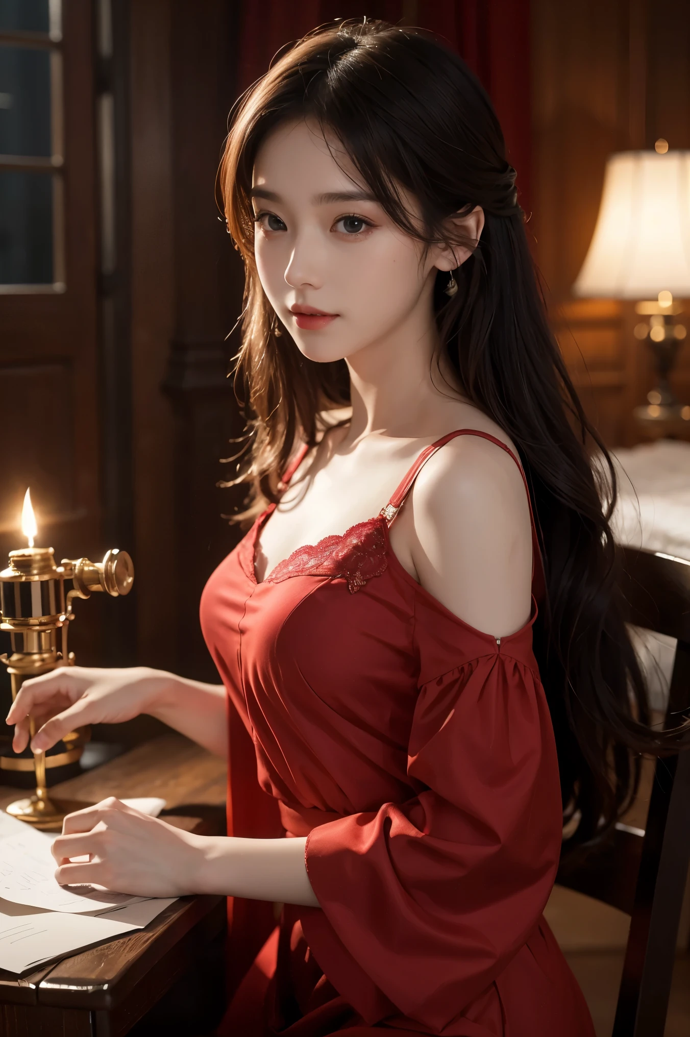 Super realistic 8K CG, perfect, clean, masterpiece, professional artwork, famous artwork, movie lighting, film blooming, fantasy, fantasy, fantasy, science fiction, charming, lovely expressions, complex details, **************** wearing red chiffon dress, best quality, realistic photos, radiant face, faint sweet smile