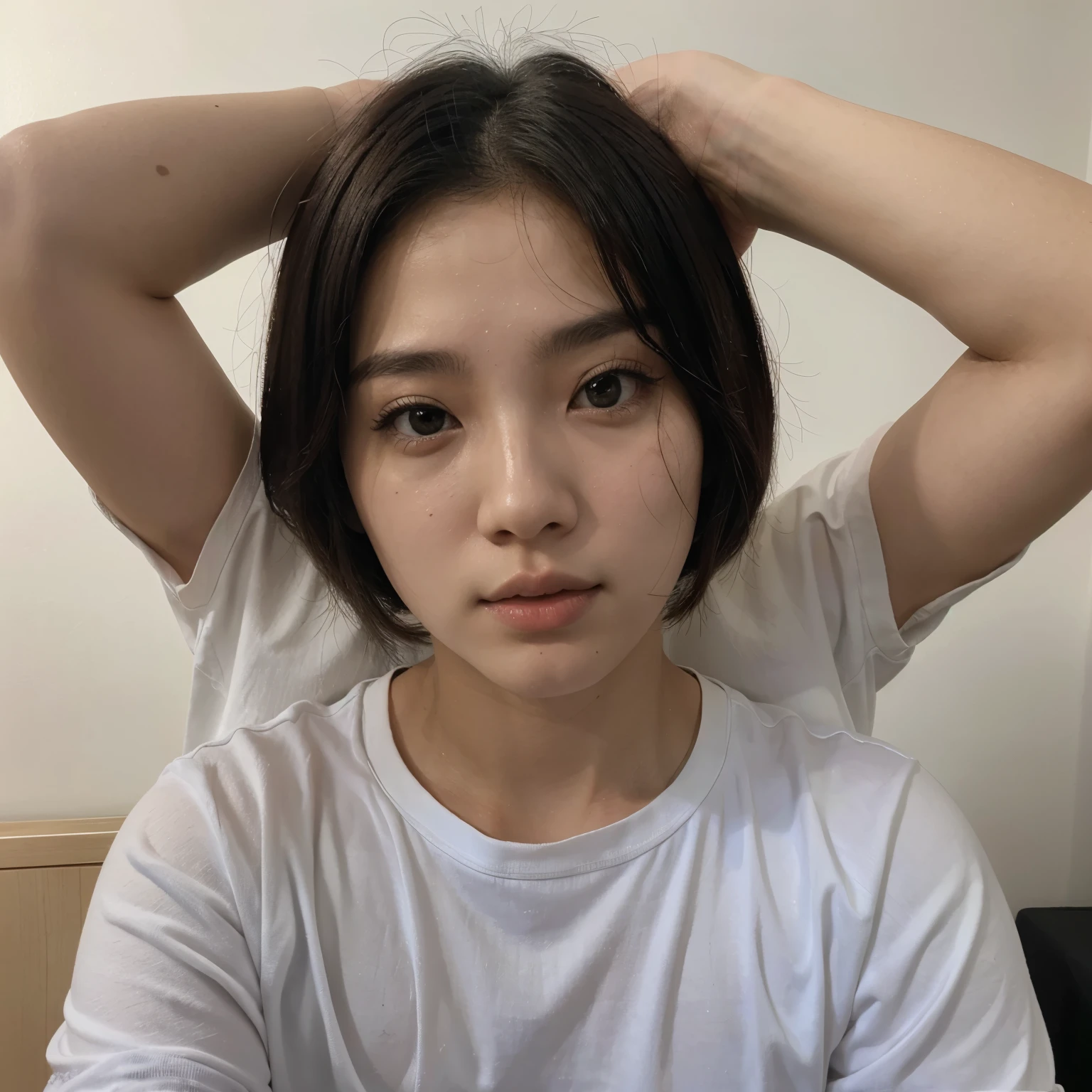 ((highest quality, 8k, masterpiece: 1.3)), 1 female, Japanese Idols,Sensual beauty: 1.3, (Hair style brown hair short hair, big: 1.2), Tank top: 1.1, Very grumpy face, Delicate eyes, double eyelid,Mole, Sit on the sofa,Plump body,Mole,very thick paws,Moe sleeves,Cowboys photographed from above,Brow wrinkles,Frown,Sour face,