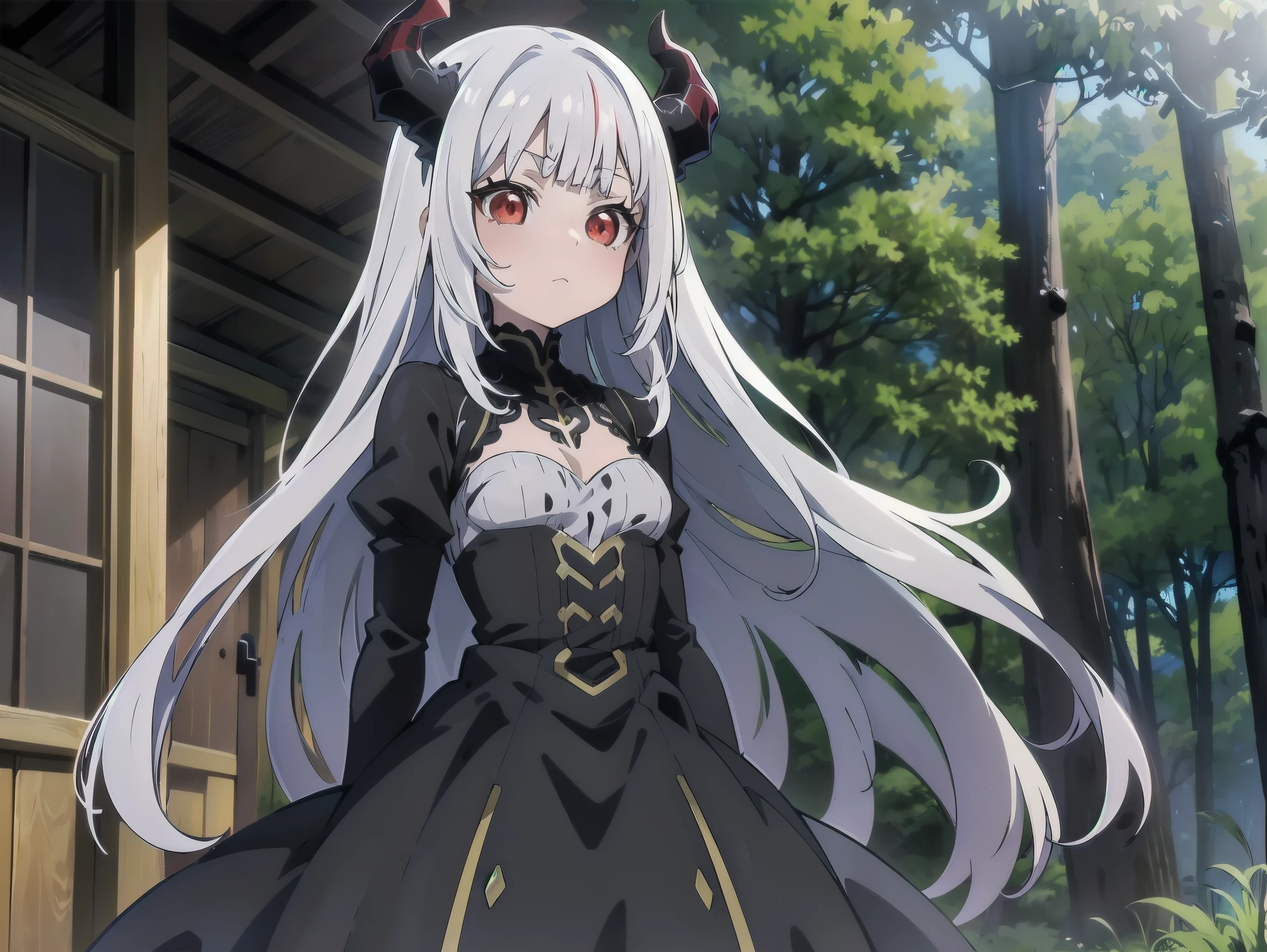 Concept art, ((CG)), ((1girl aranha)), Lolita, ((((long White hair)))), ((horns)), (((red eyes))), ((((6 eyes)))), ((corpo de aranha)), (((blunt bangs))), ((cabelo emaranhado)), ((((sonolenta)))), desleixada, ((melhor qualidade)), (((black dress))), ((obra de arte)), (detalhado), rosto perfeito, ((style novel)), cores beautiful, ((((anime_collors)))), ((in wooden huts built in the forest)), (Solo)