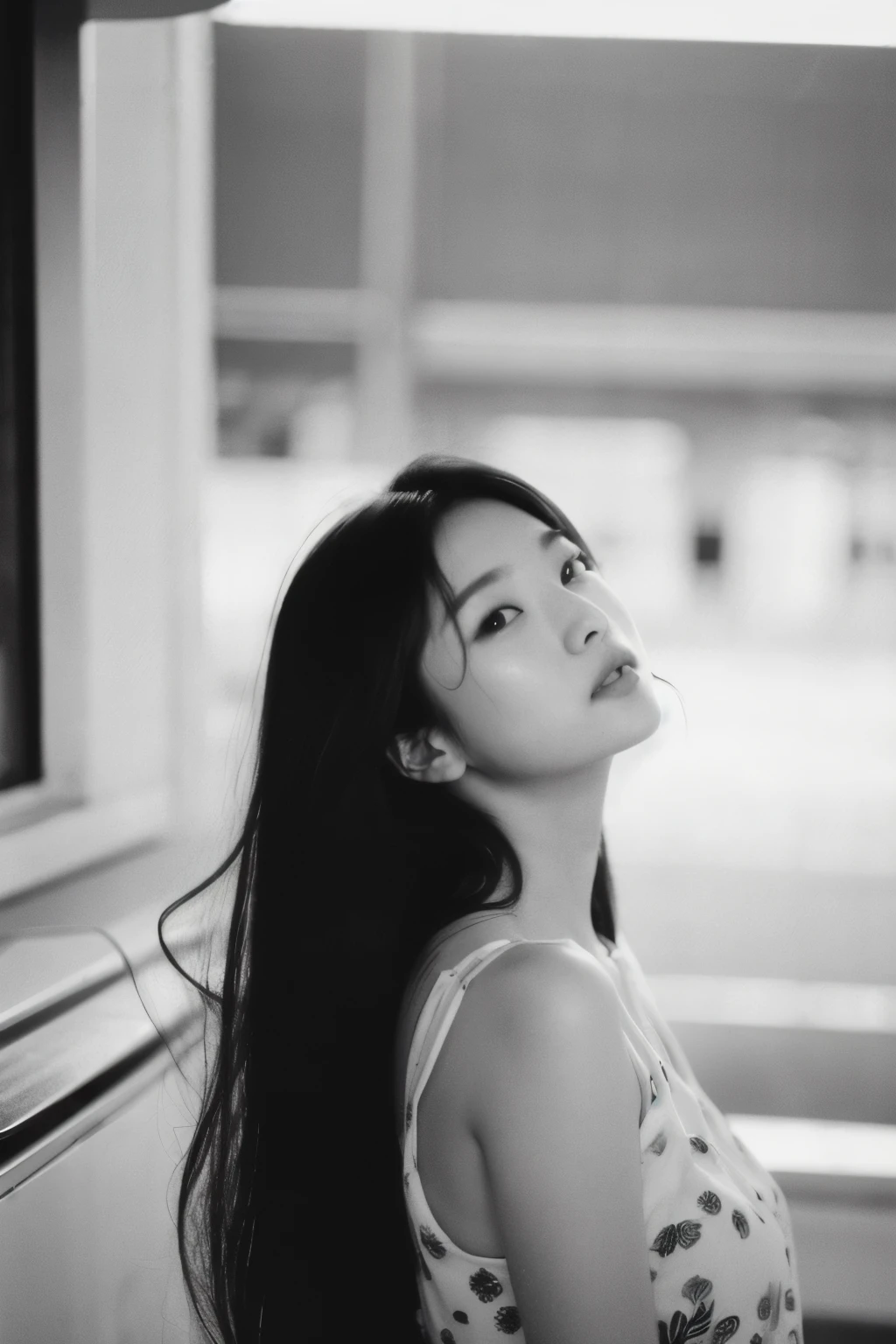 Photo of a beautiful Korean kpop idol woman, Summer, Lascivo, Film grain, Ilford HP5, 80mm biting his lips