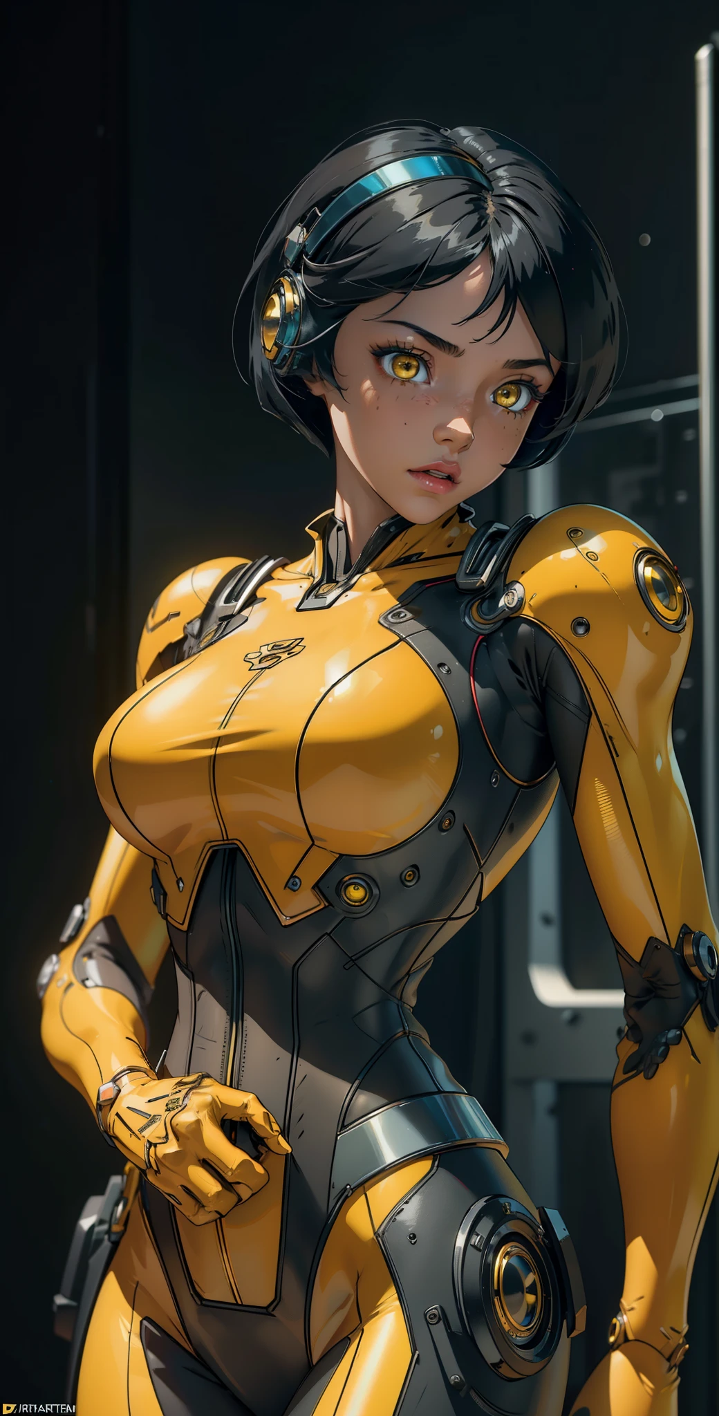 1 girl, solo, ((Best quality)), ((masterpiece)), (detailed:1.4), ((upper body)), 3D, an image of a beautiful cyberpunk female,HDR (High Dynamic Range), Ray Tracing,NVIDIA RTX,Super-Resolution,Unreal 5,Subsurface scattering,PBR Texturing,Post-processing,Anisotropic Filtering,Depth-of-field,Maximum clarity and sharpness,Multi-layered textures,Albedo and Specular maps,Surface shading,Accurate simulation of light-material interaction,Perfect proportions,Octane Render,Two-tone lighting,Wide aperture,Low ISO,White balance,Rule of thirds,8K RAW, (((yellow eyes))), (((black short hair))), AlexTS, (dark skin:1.2), yellow eyes, black hair, short hair, medium breasts, yellow bodysuit, belt, (( amor))