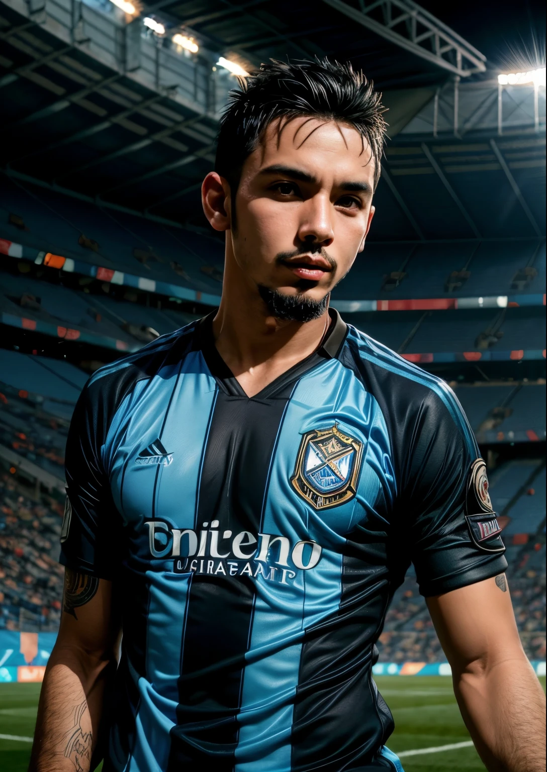 soccer player man, black hair, goatee, oriental, t shirt colors blue white and black striped, Gremio FBPA, in stadium, very beautiful