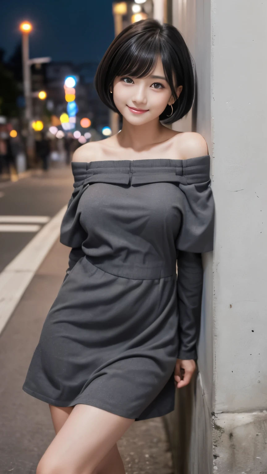 Masterpiece, Best-quality, RAW-photo, Ultra-High-Resolution, Photorealistic, bust up shot, 
(Anatomically correct, 16-years-old, photographer's lover, She truly loves photographer, baby face, cute face, Perfect body, slim waist and busty body, Slender legs, Large breast, Realistic skin), 
((Wear Charcoal gray off-the-shoulder dress:1.3)), 
(maiko, Round face, Black hair, Moist eyes, Shining eyes, Short bob cut, Bangs, Down-slating eyebrows, one little earring, Light blush), 
(See photographer, put your back against the wall), 
(goddess smile, facial expressions that seduce men), 
(Kabuki-cho, Tokyo, Buildings lined up, guardrails, people coming and going, at night), 
Natural lighting, full length