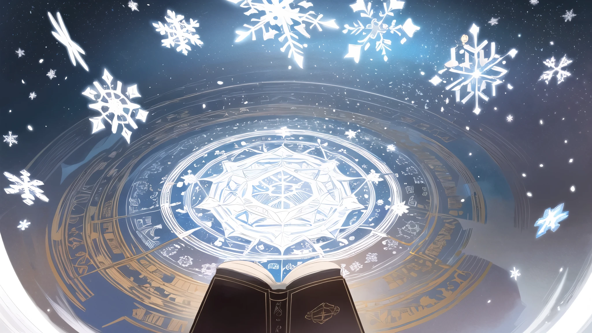Brilliant magic circle，Runes in the background，There is a book in the center，Snowflakes are falling around the book，Only one book