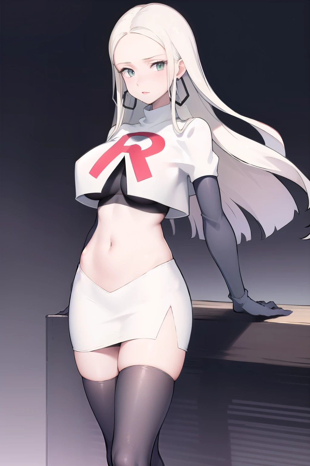 masterpiece, best quality,  oleana, long hair, sidelocks, hoop earrings, lipstick, large breasts, looking at viewer, team rocket,team rocket uniform, red letter R, white skirt,white crop top,black thigh-highs,black elbow gloves,