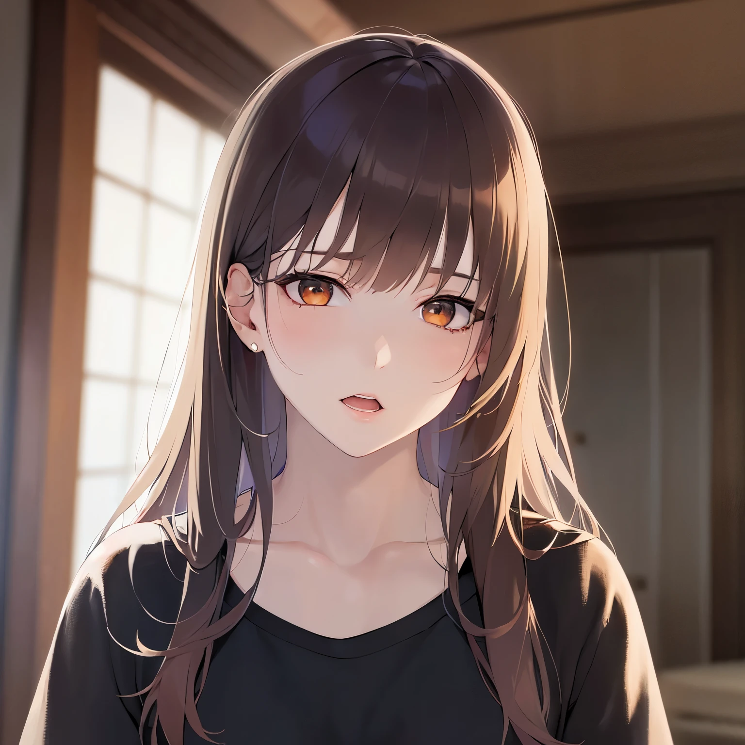Upper Body, Realistic, real person, (pale skin: 1.2), RAW photo, photorealistic, portrait photography, shiny skin, japanese idol、shiny hair、(25 year old woman with medium hair with bangs) and (wavy hair) and (brown hair) and (orange eyes) , (black) and (plain t-shirt) and (oversize) 、(sad:1.2), open mouth, The background is the living room、Alone、Are standing