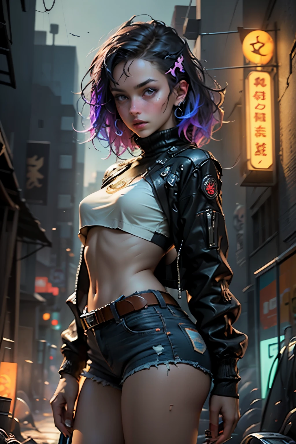 Unreal Engine: 1.4, CG 64K Ultra-realistic, Photorealistic: 1.4, Skin Texture: 1.4, Masterpiece: 1.4, Portrait Unreal Engine: 1.4, CG 64K Ultra-realistic, Photorealistic: 1.4, Skin Texture: 1.4, Masterpiece: 1.4, Closeup shot :1.4, young topless woman, Showing her small, perky breasts exposed, their rosy nipples peeking out, Denim shorts, colorful and striking cyberpunk style clothing, background lighting of the city with warm and vivid colors at night, ((32k Photo)) HDR, super realistic, raw quality, (Hyper-realistic style details, vivid colors: 1.3, dark night sky, cyberpunk buildings, beautiful composition.((best quality)), ((masterpiece)), (detailed), perfect face