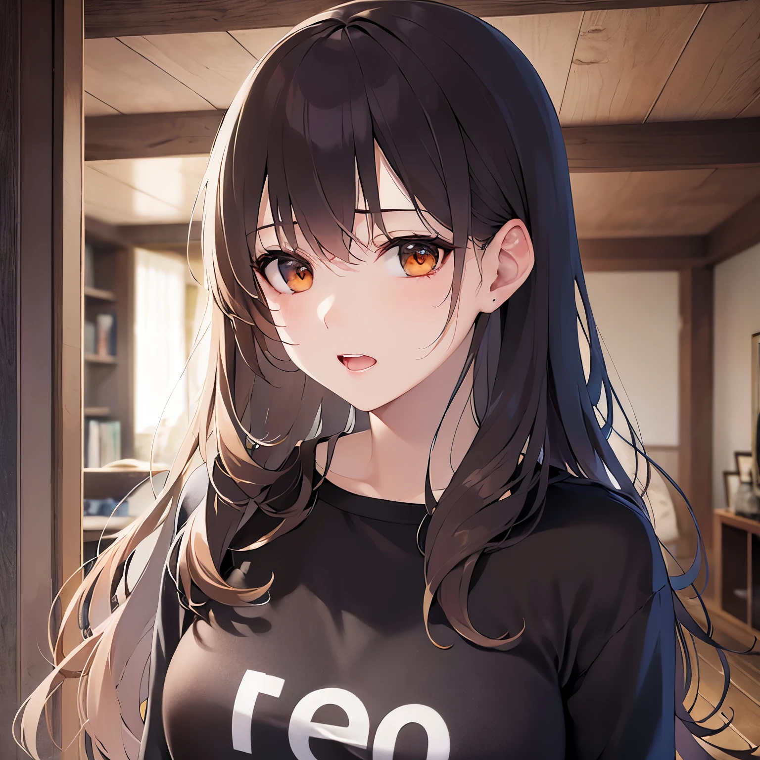 Upper Body, Realistic, real person, (pale skin: 1.2), RAW photo, photorealistic, portrait photography, shiny skin, japanese idol、shiny hair、(25 year old woman with medium hair with bangs) and (wavy hair) and (brown hair) and (orange eyes) , (black) and (plain t-shirt) and (oversize) 、(sad:1.2), open mouth, The background is the living room、Alone、Are standing