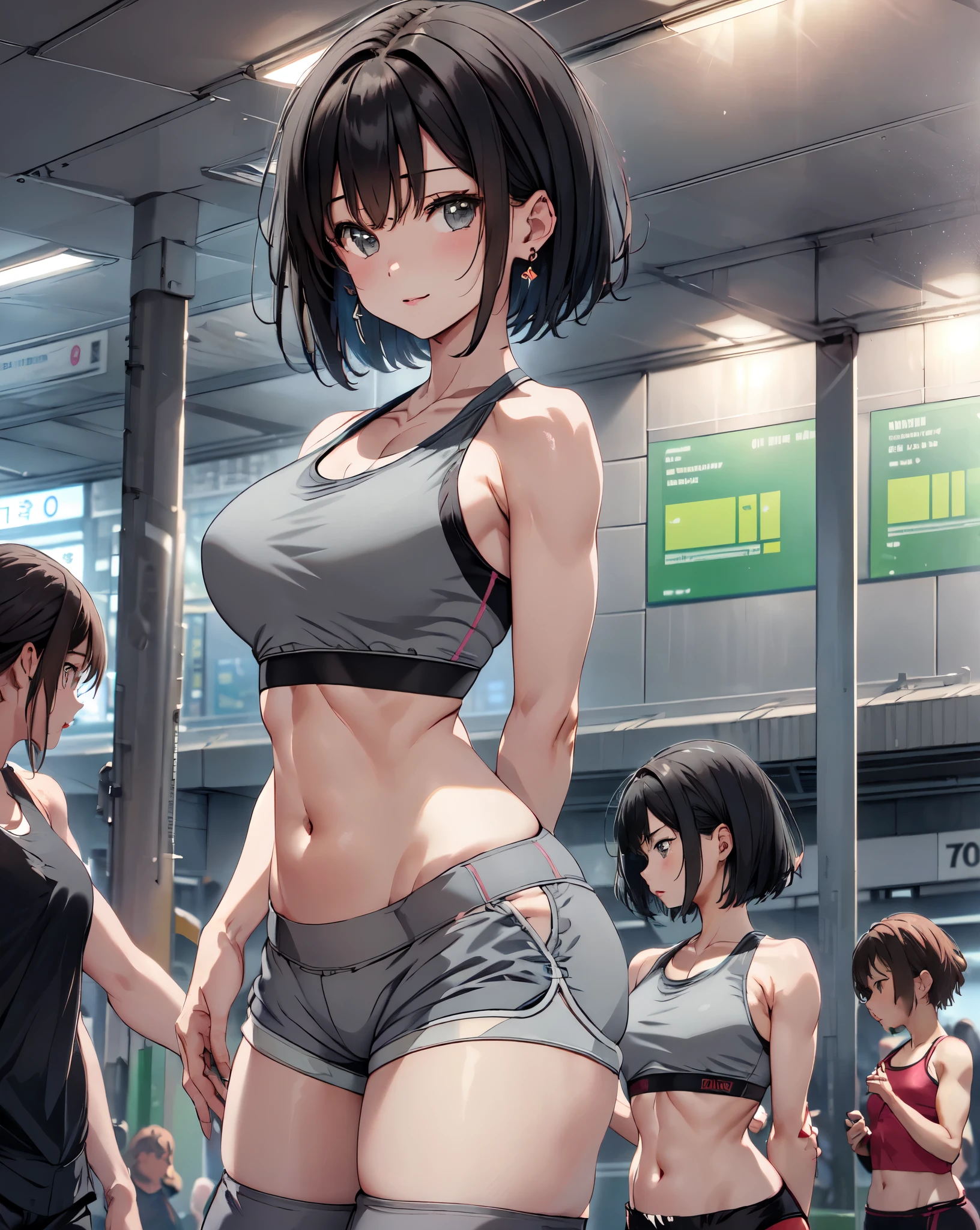 (masterpiece, best quality:1.37), highres, ultra-detailed, ultra-sharp, BREAK, Korean school idol, (((1girl:1.37, solo))), (beautiful anime face, cute face, detailed face), (black hair, thin hair, short hair, bangs, hime-cut), detailed beautiful cyan eyes, BREAK, ((detailed grey sports bra:1.5), (detailed shorts:1.5)), BREAK, lovely look, water melon earing, detailed clothes), light smile, closed mouth, parted lips, pink lipstick, BREAK, ((standing, arms behind back,:1.3, cowboy shot)), detailed human hands, HDTV:1.2, ((detailed subway station view background:1.3)), 8 life size, slender, anime style, anime style school girl, perfect anatomy, perfect proportion, inspiration from Kyoto animation and A-1 picture, late evening, excellent lighting, bright colors, clean lines, photorealistic