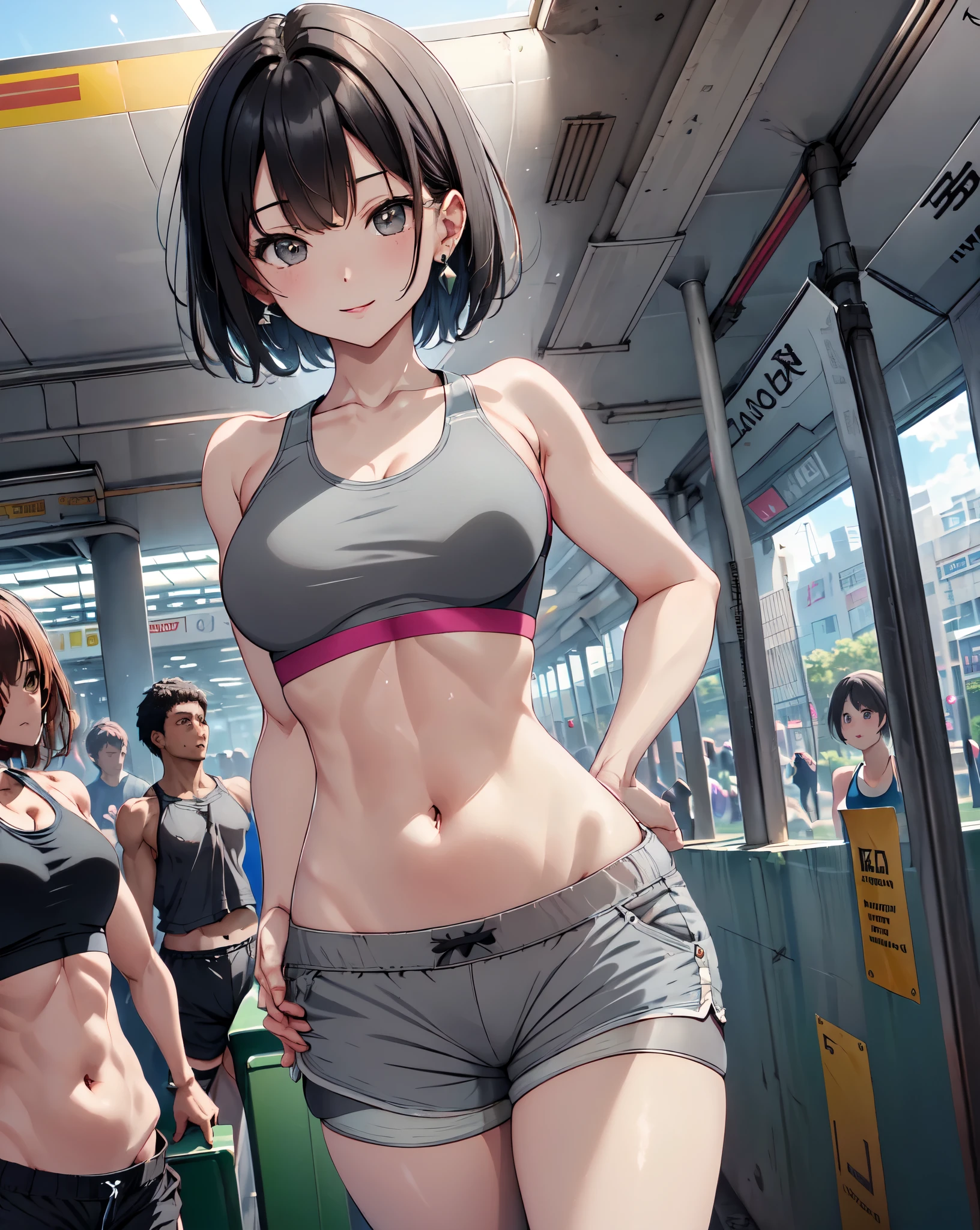 (masterpiece, best quality:1.37), highres, ultra-detailed, ultra-sharp, BREAK, Korean school idol, (((1girl:1.37, solo))), (beautiful anime face, cute face, detailed face), (black hair, thin hair, short hair, bangs, hime-cut), detailed beautiful cyan eyes, BREAK, ((detailed grey sports bra:1.5), (detailed shorts:1.5)), BREAK, lovely look, water melon earing, detailed clothes), light smile, closed mouth, parted lips, pink lipstick, BREAK, ((standing, arms behind back,:1.3, cowboy shot)), detailed human hands, HDTV:1.2, ((detailed subway station view background:1.3)), 8 life size, slender, anime style, anime style school girl, perfect anatomy, perfect proportion, inspiration from Kyoto animation and A-1 picture, late evening, excellent lighting, bright colors, clean lines, photorealistic