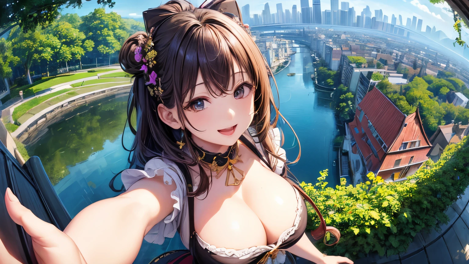 High resolution、Super detailed、(1 girl:1.3)、complex architecture、lush garden、Designing images using the fisheye effect、Capture a wide field of view with a unique curved perspective、panoramic cityscape、Creating elevation-aware rooftop views in urban environments、smile、cleavage、close up of face