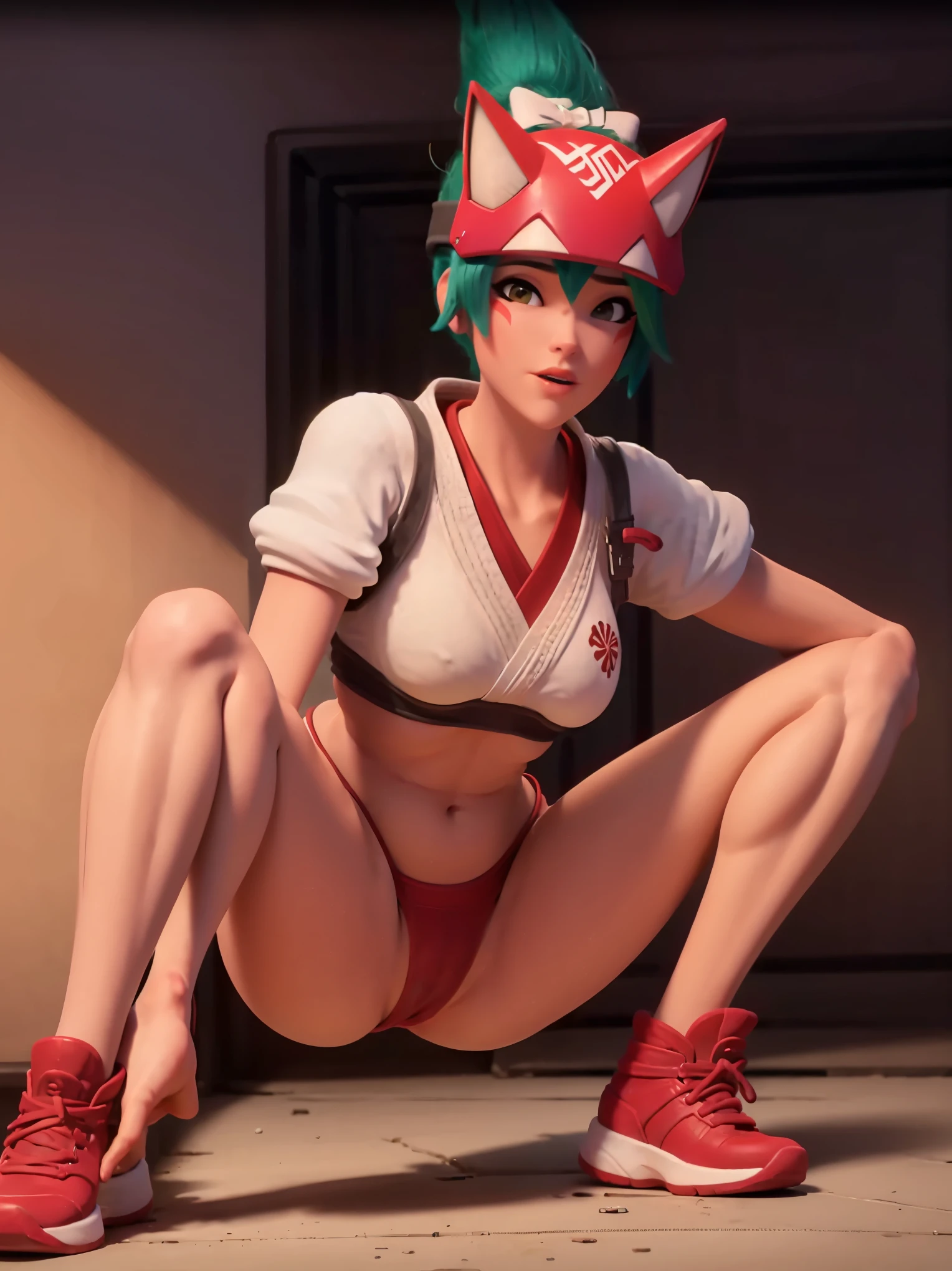 realistic, realism, photorealism, photo-realistic, high contrast, (photorealistic:1.4), 8k high definition detailed realistic, (best quality, masterpiece:1.2), NSFW, photon mapping, radiosity, physically-based rendering, best quality, highly detailed, 1girl, pat pussy, cameltoe, (owkiriko), kiriko \(overwatch\), green hair:0.7, red fox helmet, red sneakers, squatting, spread legs, crop top, inside, blushing, underwear, bikini, microbikini, topless, nsfw