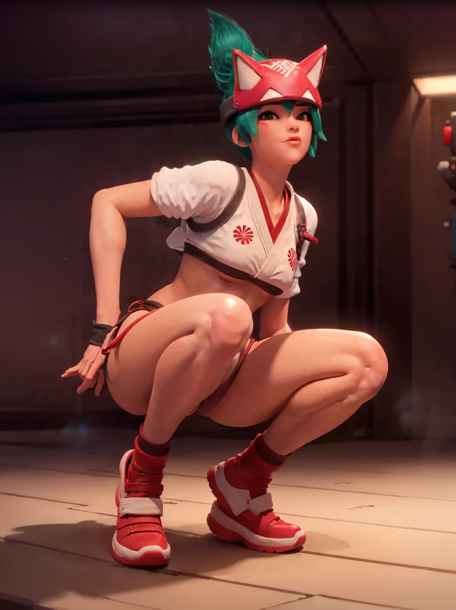 realistic, realism, photorealism, photo-realistic, high contrast, (photorealistic:1.4), 8k high definition detailed realistic, (best quality, masterpiece:1.2), NSFW, photon mapping, radiosity, physically-based rendering, best quality, highly detailed, 1girl, pat pussy, cameltoe, (owkiriko), kiriko \(overwatch\), green hair:0.7, red fox helmet, red sneakers, squatting, spread legs, crop top, inside, blushing, underwear, bikini, microbikini, topless, nsfw