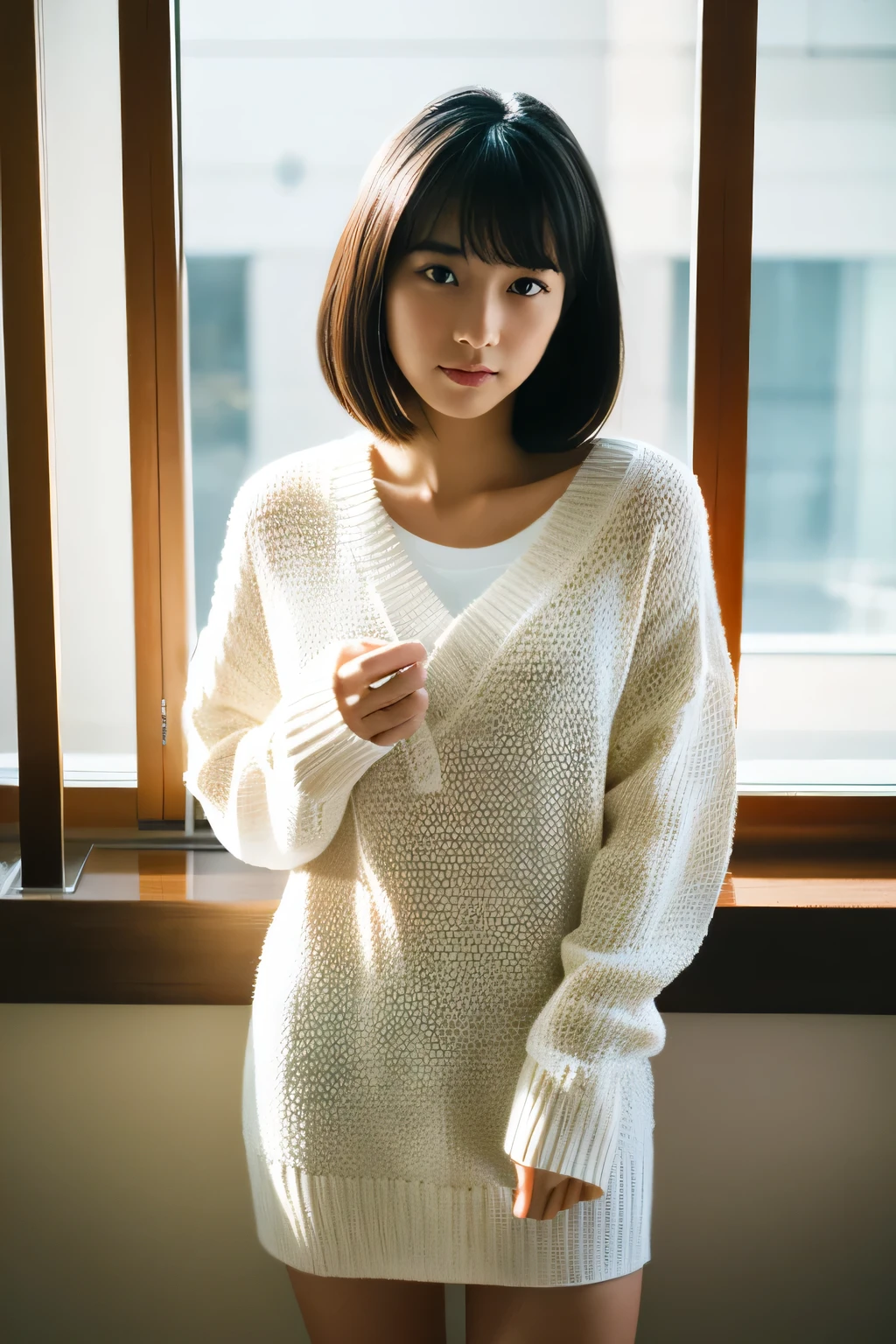 highest quality,masterpiece,ultra high resolution,(realistic:1.4),(Turn off portraits)Raw photo,Female student,masterpiece,realistic pictures,japanese pictures,fujifilm negative,low saturation,low contrast,Medium chest、white mini knit sweater、full body photo