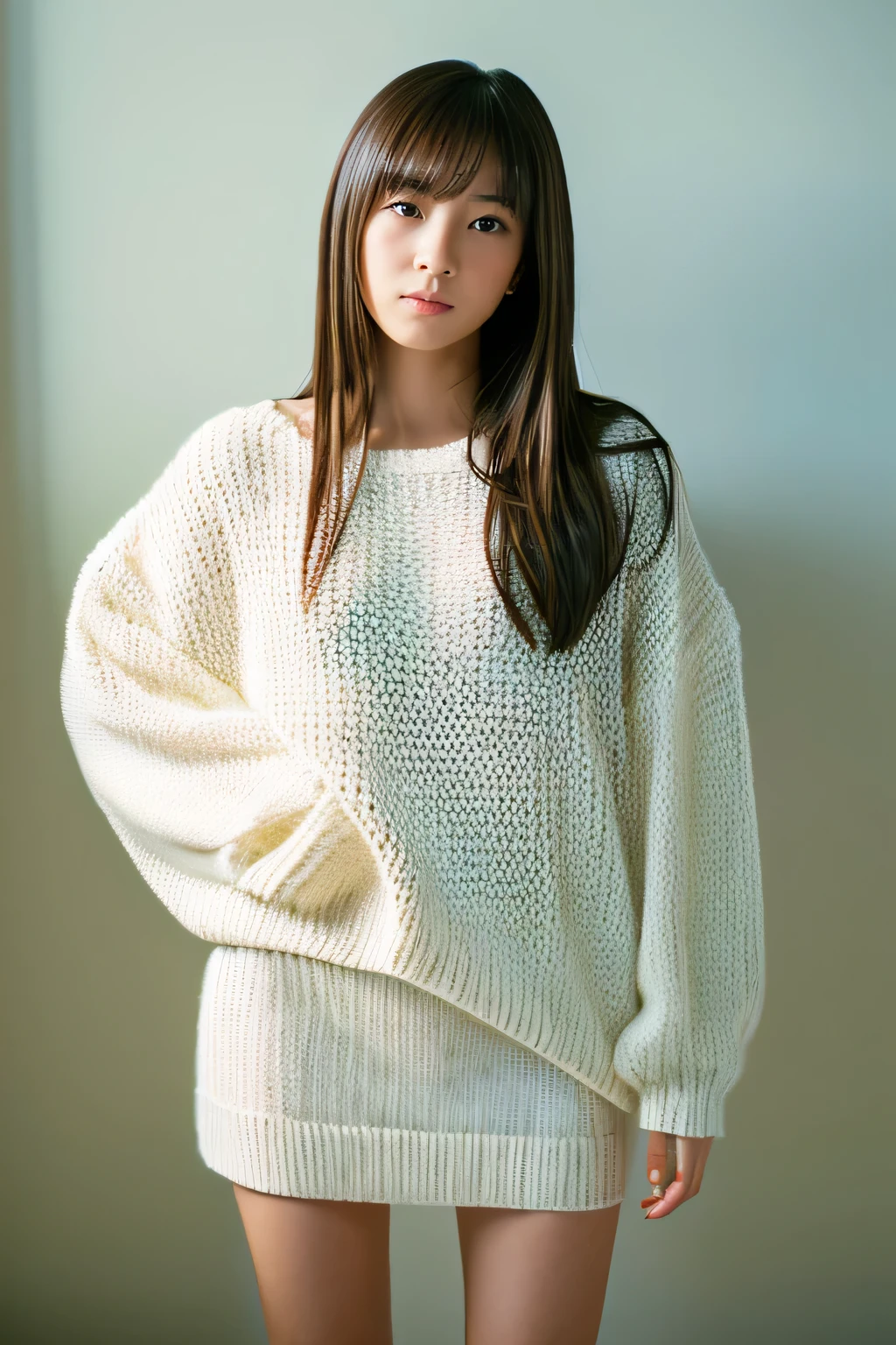 highest quality，masterpiece，ultra high resolution，（realistic：1.4），（Turn off portraits）Raw photo，Female student，masterpiece，realistic pictures，japanese pictures，fujifilm negative，low saturation，low contrast，Medium chest、white mini knit sweater、full body photo