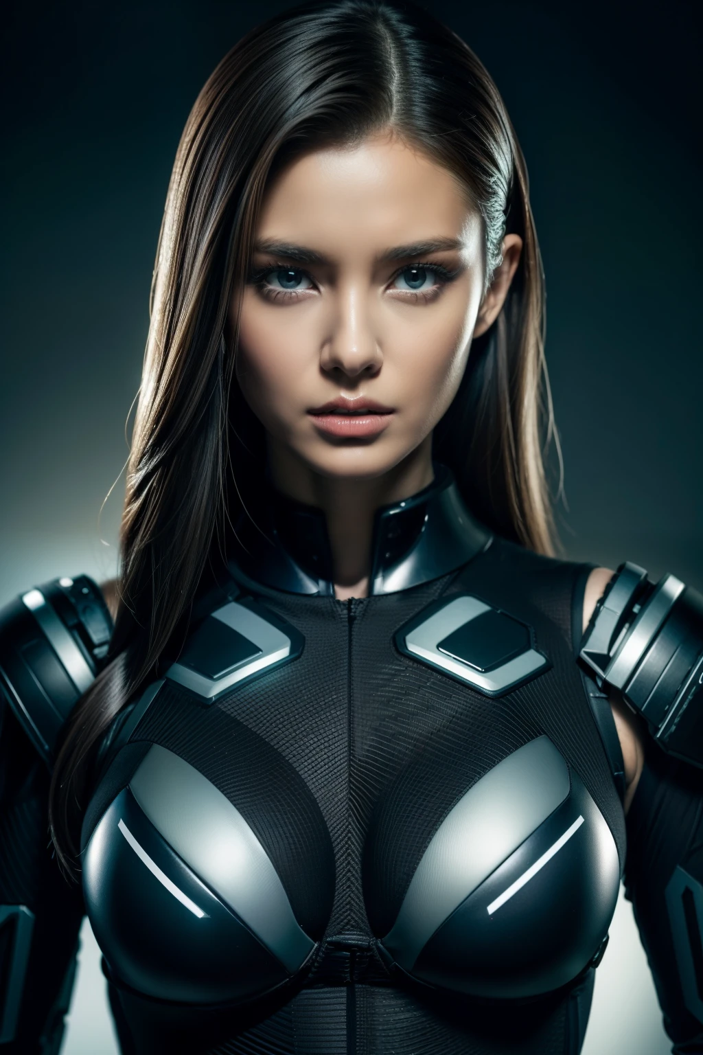 (cybersoldier style aesthetic), bust to waist, (half body), (beauty shape), perfect skin, hyperrealistic masterpiece, in extremely complex & superdetailed black and white plugsuit, cinematic illumination, 8k, symmetrical eyes, realistic, sharp focus, HD, highly detailed, intricate details, photography, studio portrait, detailed, cinematic lighting, determined:1,2, brave