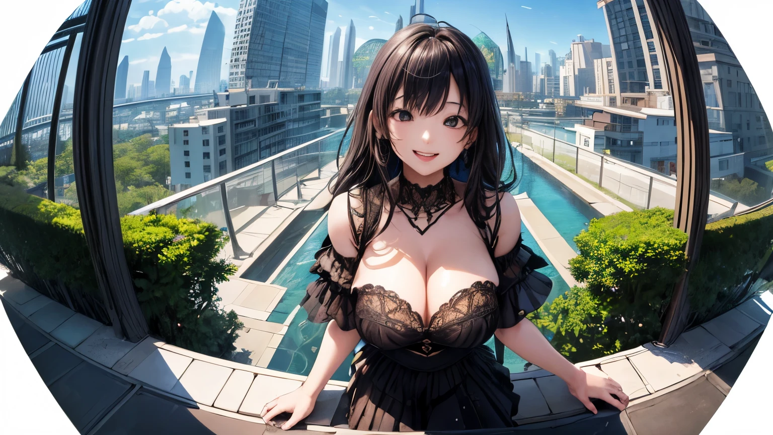 High resolution、Super detailed、(1 girl:1.3)、complex architecture、lush garden、Designing images using the fisheye effect、Capture a wide field of view with a unique curved perspective、panoramic cityscape、Creating elevation-aware rooftop views in urban environments、smile、cleavage、close up of face