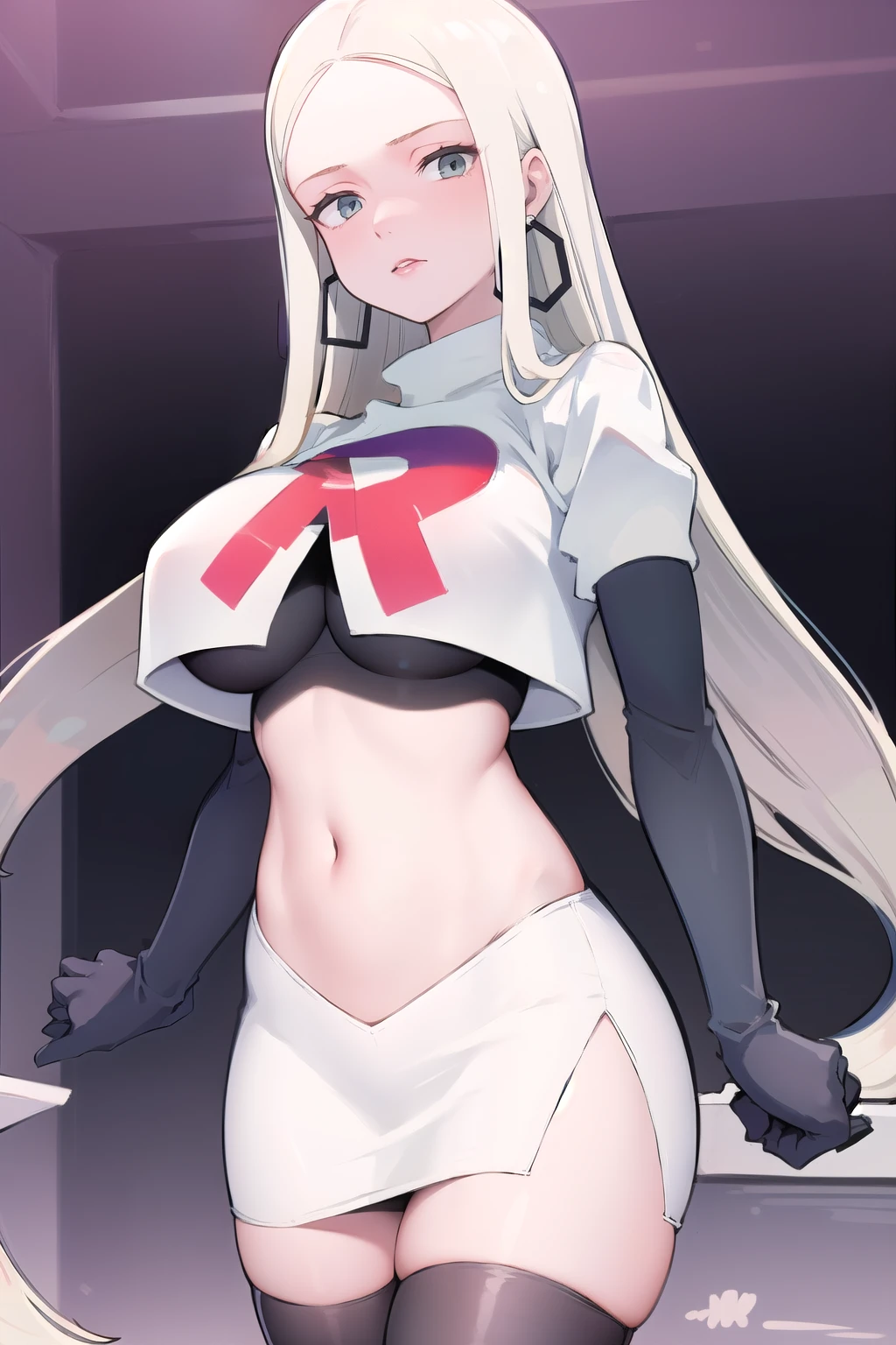 masterpiece, best quality, oleana, long hair, sidelocks, hoop earrings, lipstick, large breasts, looking at viewer, team rocket,team rocket uniform, red letter R, white skirt,white crop top,black thigh-highs,black elbow gloves,