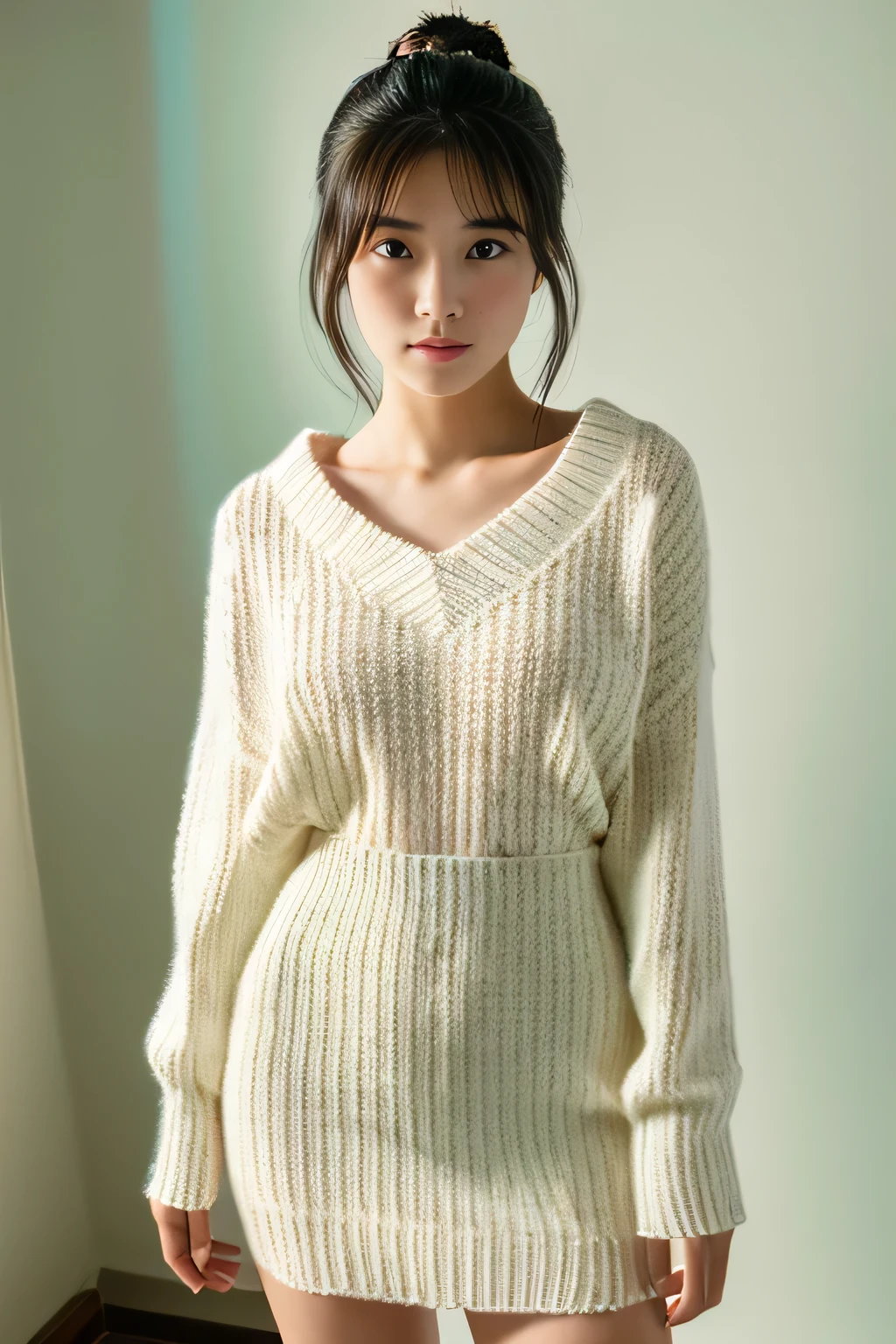 Wearing a knitted sweater & mini skirt, (Roll up your skirt to show your underwear:1.3), Realistic photo, Of Japanese, nude,  Lie on the bed with your legs spread, The lower body is a futuristic machine, Detailed face and body, Natural light, High resolution, photoRealistic, (Highest quality,8k,High resolution,masterpiece:1.2),Very detailed,(Realistic,photoRealistic,photo-Realistic:1.37),Realistic skin texture,Beautiful long eyes and lips,Beautifully detailed face,Long eyelashes,Smooth Skin,Natural body shape,Medium Hair,Straight hair,((Keep your bangs straight down:1.3)),(Thin face,Small chin,Wide forehead,Narrow space between the eyes),look out