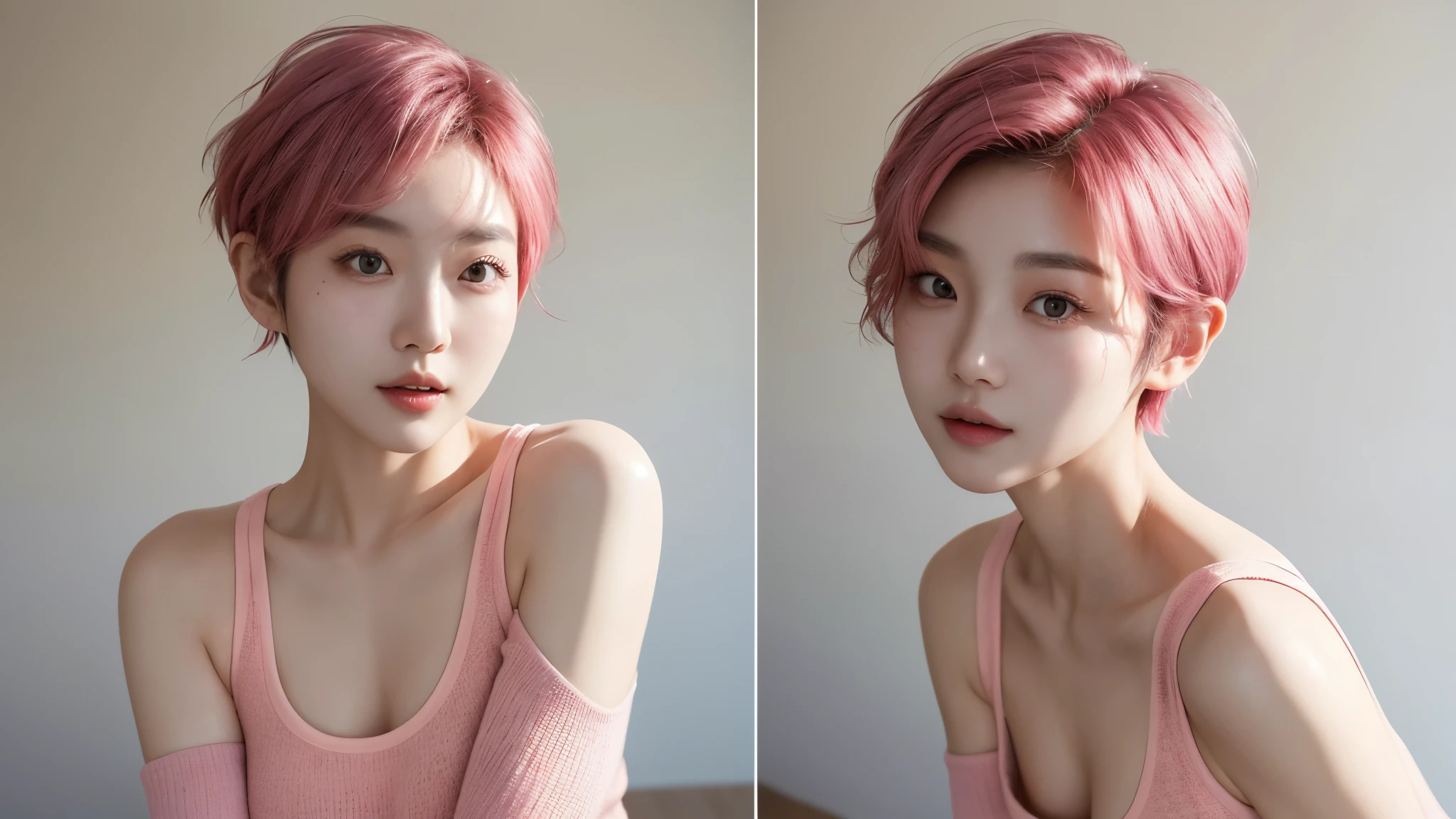 A young and beautiful Korean woman with pink short hair, slightly curled at the ends, with faded tips, exuding a fitness vibe, her face in front view, photographed from the front.