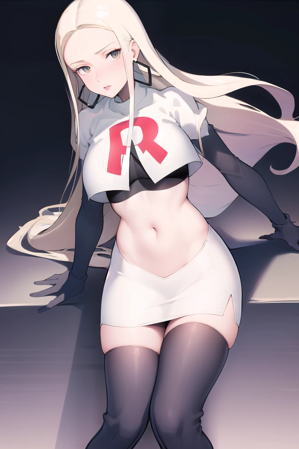 masterpiece, best quality,  oleana, long hair, sidelocks, hoop earrings, lipstick, large breasts, looking at viewer, team rocket,team rocket uniform, red letter R, white skirt,white crop top,black thigh-highs,black elbow gloves,