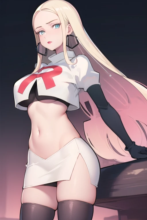 masterpiece, best quality,  oleana, long hair, sidelocks, hoop earrings, lipstick, large breasts, looking at viewer, team rocket,team rocket uniform, red letter R, white skirt,white crop top,black thigh-highs,black elbow gloves,