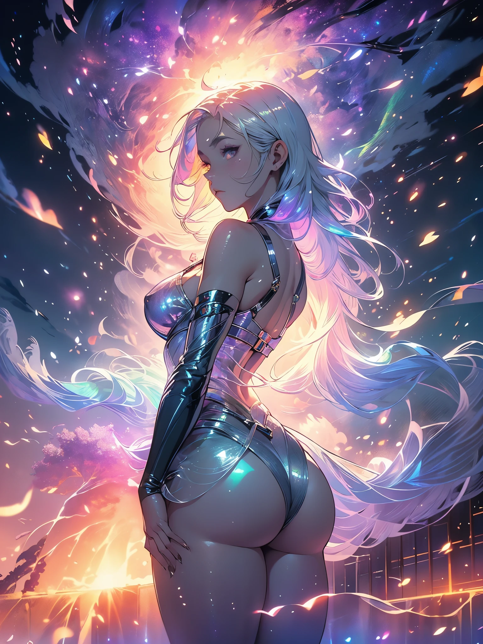 elegant girl, mystical position, clouds around her, black clouds, short bob hair, white hair, fireflies and cherry blossoms, (((small breasts, big ass, thick muscle thigh))), low gradient light, {paper extremely detailed 16k CG unit wall image}, expansive landscape photography, (a low view with focus on the scenery), (wide open field view), (low angle shot), (high light: 1.2), ( low light: 1.2), (warm light source: 1.2), complex details, (iridescent colors: 1.5), (bright lighting), (atmospheric lighting)
