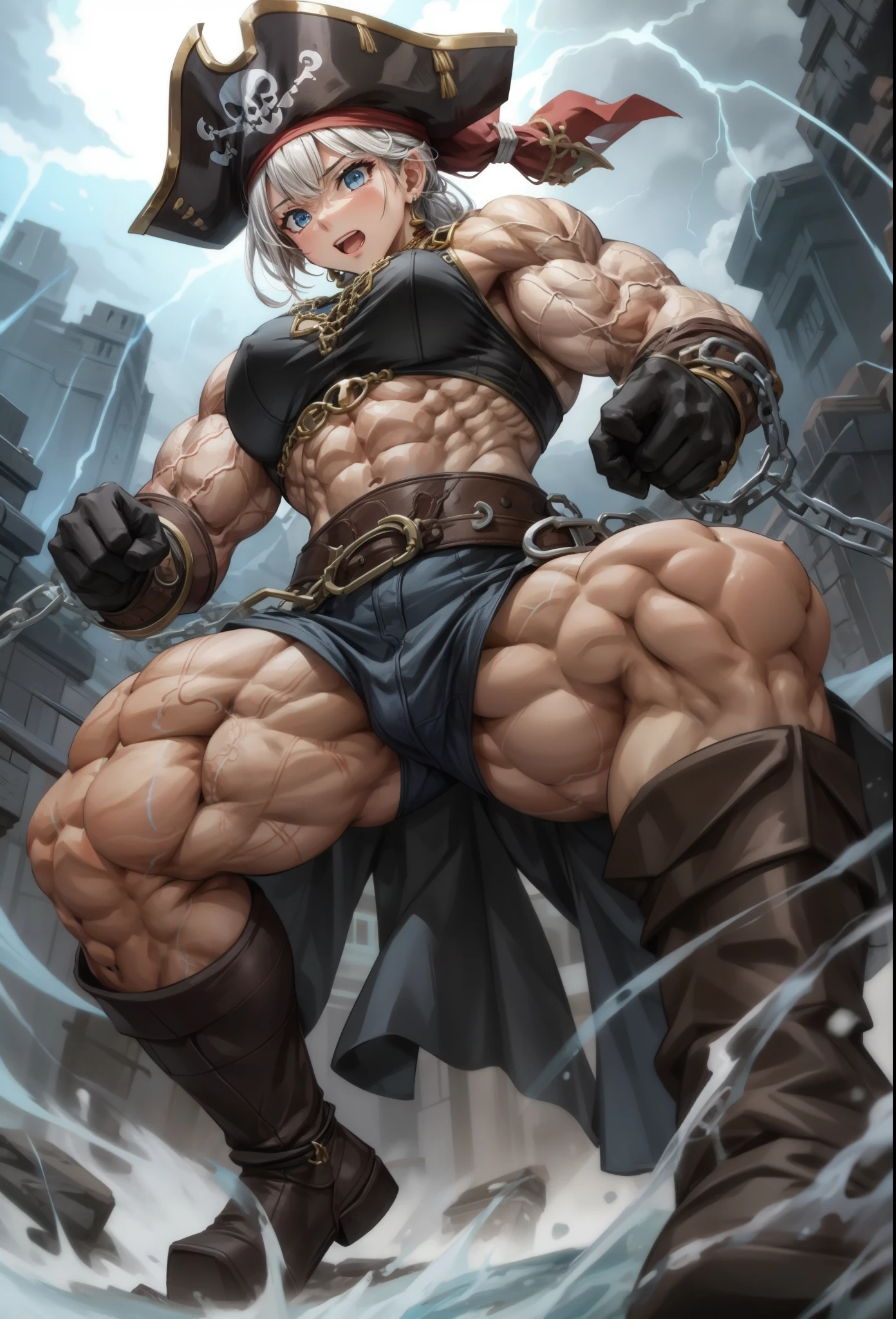 , best quality,1 girl, female,,beautiful,muscular ,,pirate,muscular shoulder,,,muscular female, alternate muscle size,chains,storm
