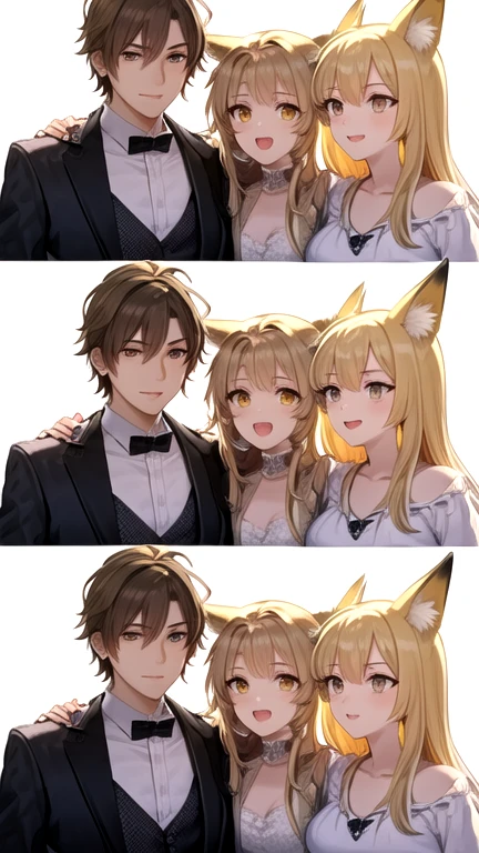 masterpiece, best quality, anime, highly detailed face, highly detailed eyes, main room background, Married couple and happy persons, 1 woman (long brown hair, yellow eyes, hair white ribon), 1 man (short blonde hair and fox ears).