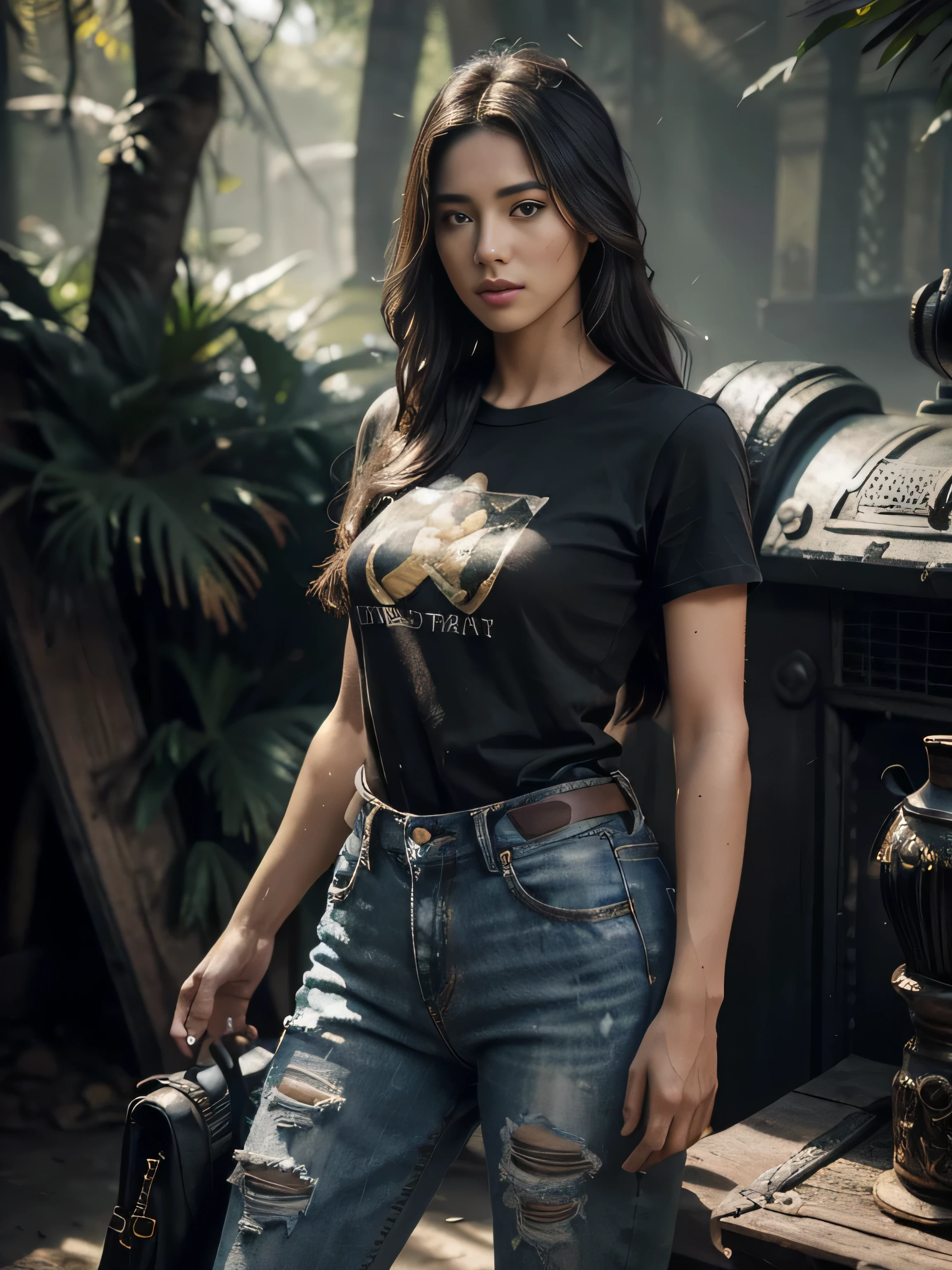 extremely beautiful girl, subtle makeup, photorealistic, high contrast, 8k HD, detailed, hyper-detailed, realistic skin texture, long dark hair, big chest best quality, ultra high res, raw photo, dramatic lighting, outdoor, forest, standing, a beautiful cinematic masterpiece portrait of Tirkish black hair's young women as lara croft from tomb raider, covered in dirt, treasure hunter, ((normal basic teeshirt, full length black tee-shirt, tight jeans)), with a complex home with living rooms, by gil elvgren, by frank frazetta, by greg rutkowski, trending on artstation, featured on pixiv, hyper detailed, beautiful studio lights, intricate elegant digital painting, cinematic composition, dramatic pose, smooth, sharp focus, (((professional photography))),dappled light, romantic, HDR, highly detailed, hasselblad, 8k, hyper realistic, eye level shot, f1.4 aperture, 8mm film grain, cinestill 800, full body Teeshirt, adventures girl carrying DSLR camera in hand, with small bagpack, some parrots on tree's