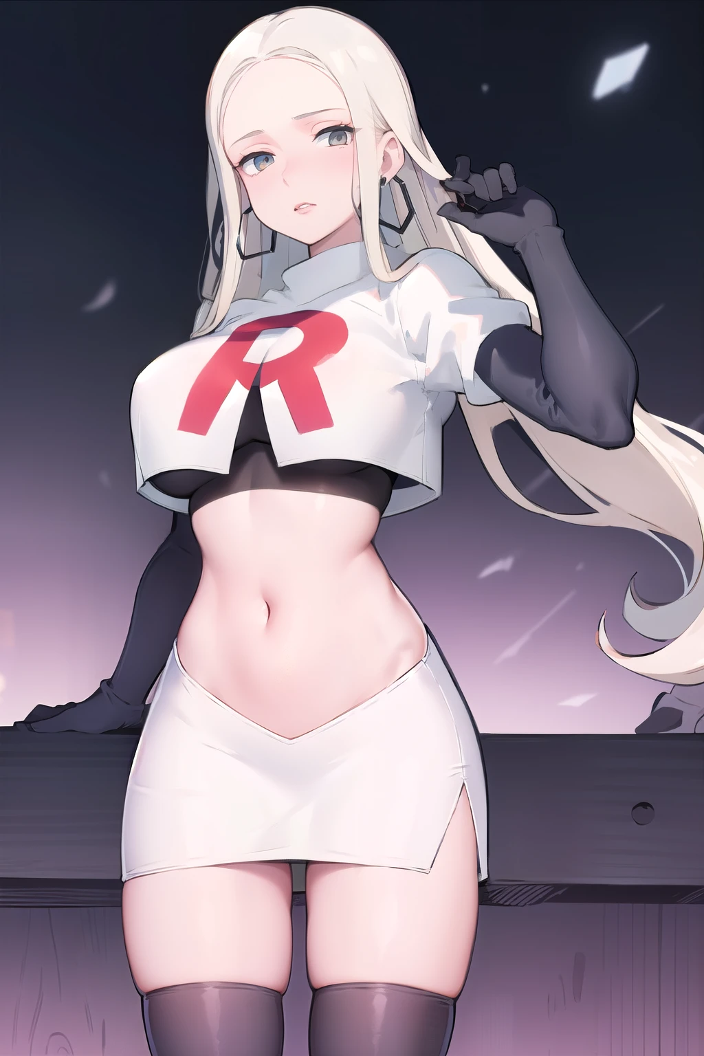 masterpiece, best quality,  oleana, long hair, sidelocks, hoop earrings, lipstick, large breasts, looking at viewer, team rocket,team rocket uniform, red letter R, white skirt,white crop top,black thigh-highs,black elbow gloves,