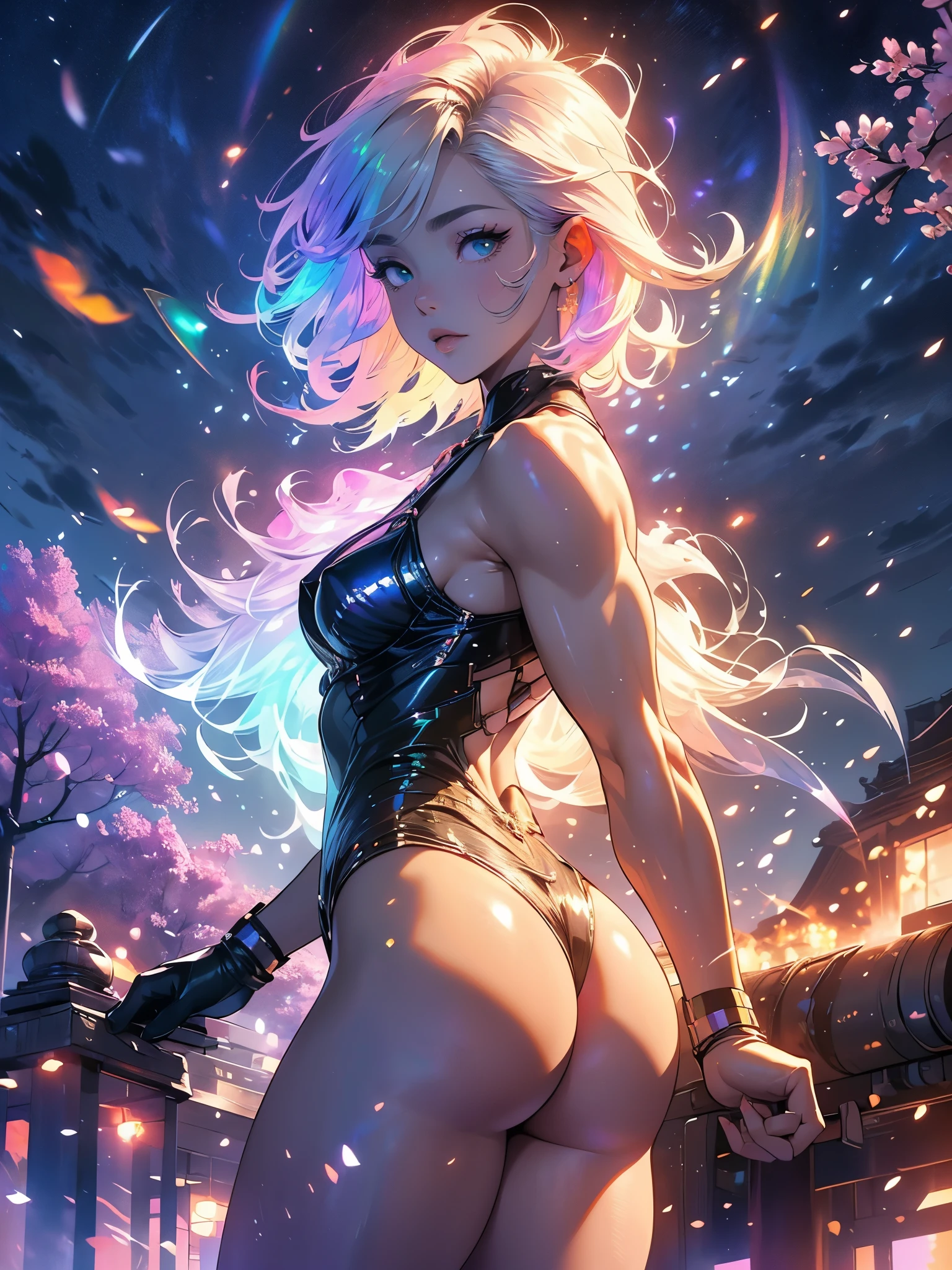 elegant girl, mystical position, clouds around her, black clouds, short bob hair, white hair, fireflies and cherry blossoms, (((small breasts, big ass, thick muscle thigh))), low gradient light, {paper extremely detailed 16k CG unit wall image}, expansive landscape photography, (a low view with focus on the scenery), (wide open field view), (low angle shot), (high light: 1.2), ( low light: 1.2), (warm light source: 1.2), complex details, (iridescent colors: 1.5), (bright lighting), (atmospheric lighting)

