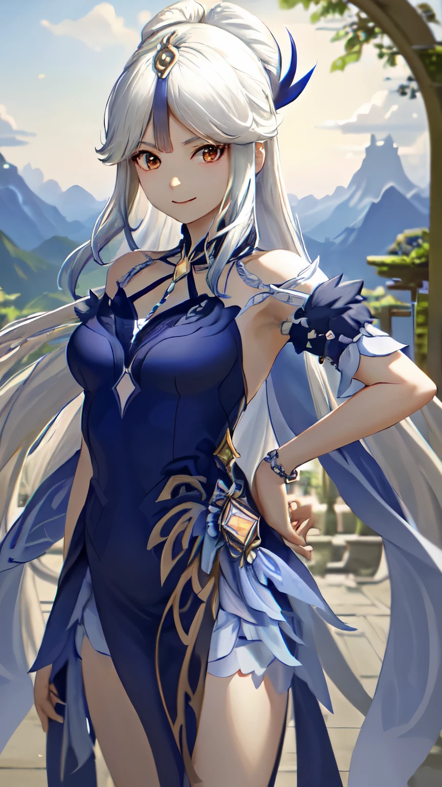ningguangorc, parte superior del cuerpo, sonrisa, rubor, al aire libre, day, fondo sencillo, blue cielo, cabello corto, cielo, temple, mirando al espectador, escaleras, mountain, changing lighting, Frente al espectador,