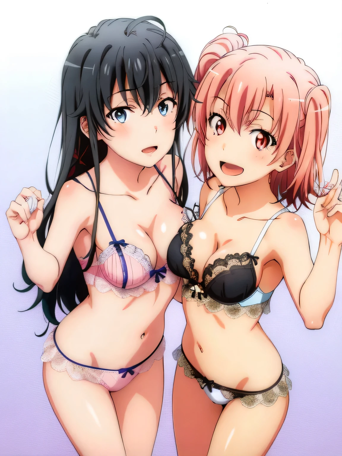 2 girls , Yukinoshita Yukino , Yuigahama Yui has well-shaped breasts. , waltz dance , look forward,In underwear,whole body,pink silk panties,white silk panties,high angle,look at the camera,open mouth smile,