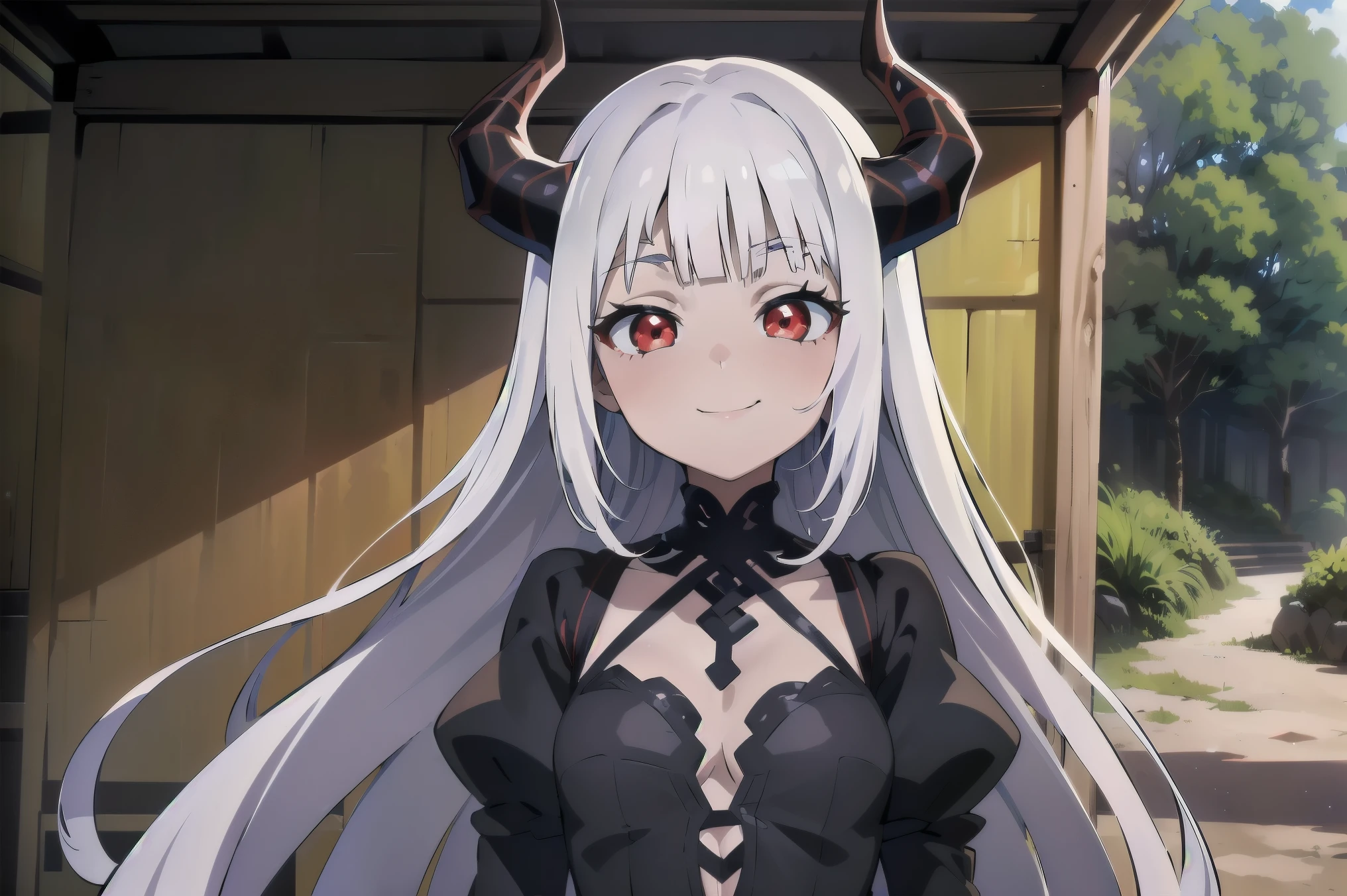 Concept art, ((CG)), zoom in face, cinematic vision, bochechas super coradas, ((1girl aranha)), ta, ((((long White hair)))), ((horns)), (((red eyes))), ((((6 eyes)))), ((corpo de aranha)), (((blunt bangs))), sorriso lindo, ((cabelo emaranhado)), ((((smilling)))), desleixada, ((melhor qualidade)), (((black dress))), envergonhada, ((obra de arte)), (detalhado), foco no sorriso, ((corada)), rosto perfeito, ((style novel)), cores beautiful, ((((anime_collors)))), ((in wooden huts built in the forest)), (Solo)