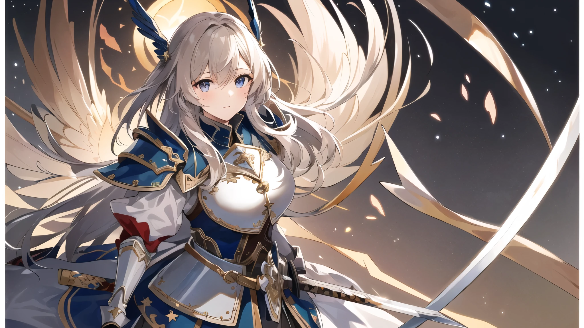 a girl,There is a pair of transparent wings on the back,Wings with fine hair,Wings with light,mild facial expression,The expression is firm,Eyes as bright as stars,Wearing golden armor,The armor is inlaid with red gems,Armor has graceful figure,Holding a sword in each hand,The tip of the sword points to the ground,clear eyes,Two eyes,clear-cut eyes