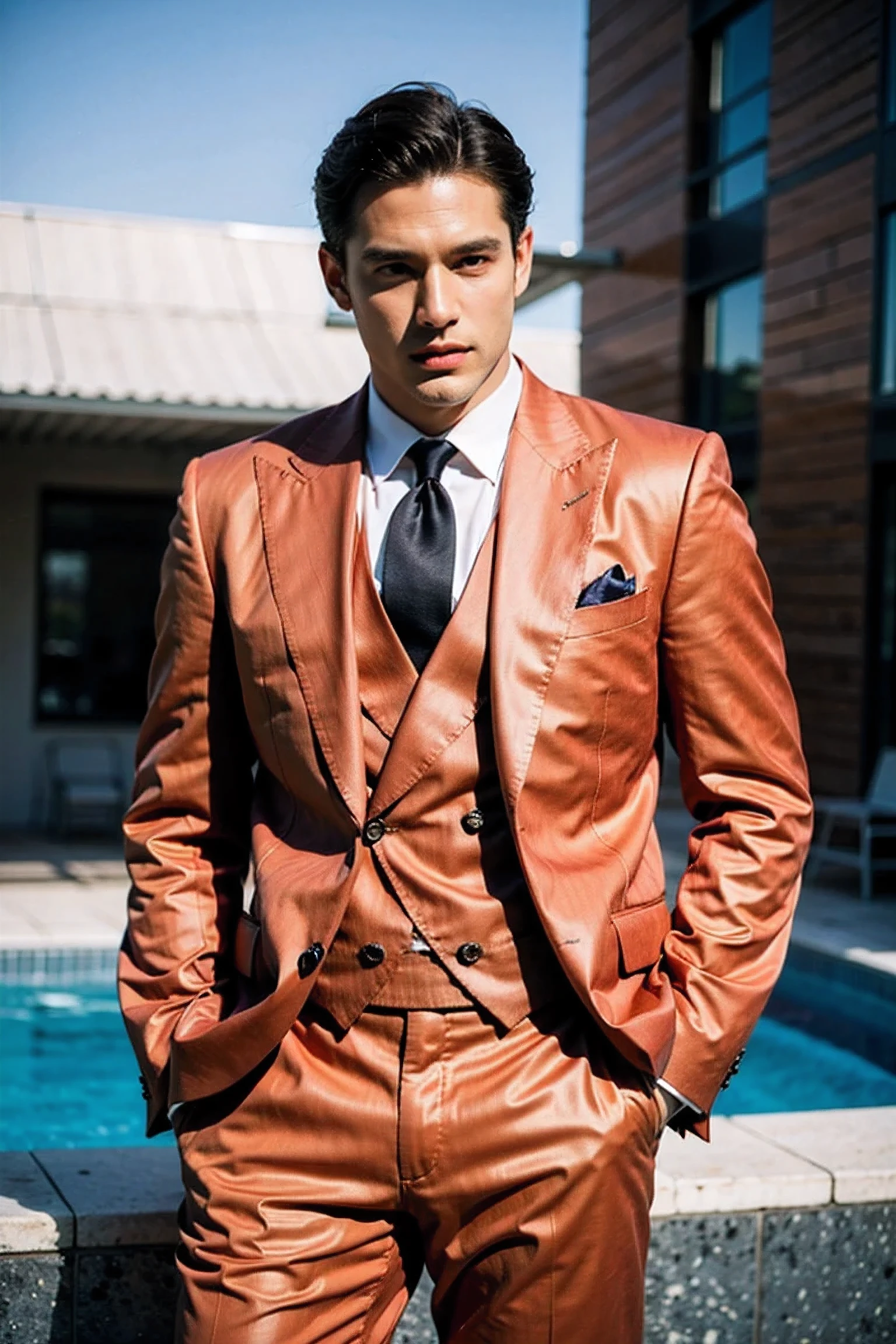 Realistic photography, handsome man ,red luxury suit