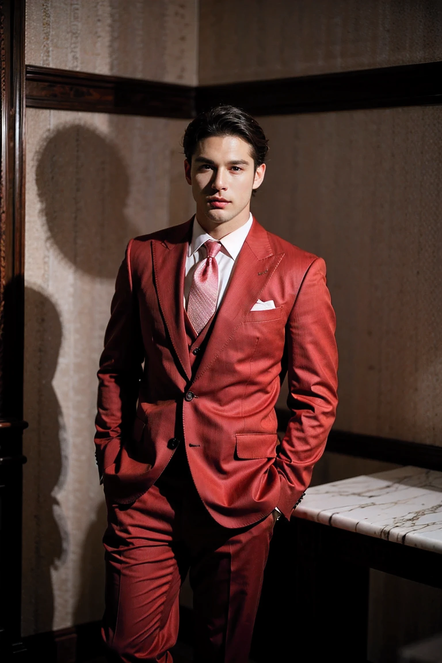 Realistic photography, handsome man ,red luxury suit