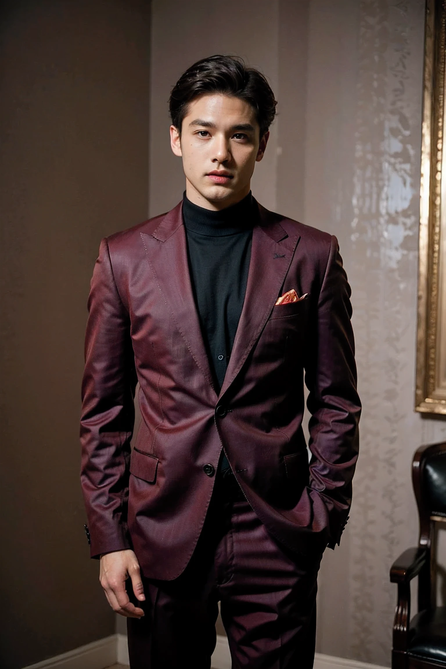 Realistic photography, handsome man ,red luxury suit