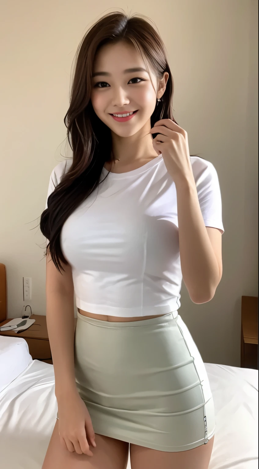 white tight shirt、white tight mini skirt、bed、smile、short sleeve、high resolution、Korean idol face