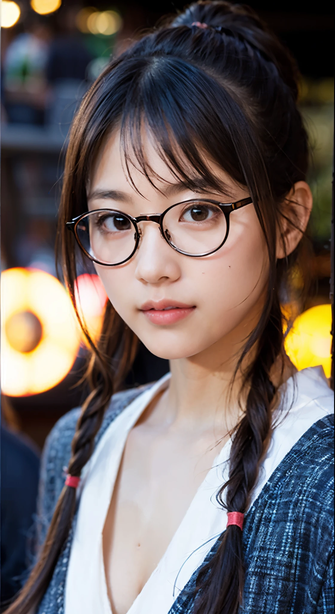 (8K、RAW photo、highest quality、masterpiece:1.2)、(realistic、Photoreal:1.37)、round face、round glasses、braided pigtails、tennis wear、super uper detailed、超A high resolution、1 girl、see the beholder、beautiful and detailed face、laughter、narrow、(slim waist) :1.3)、Japanese Yukata、Beautiful and smooth skin、skin texture、floating hair、Braided bow hair、professional lighting、fireworks venue、round glasses、human body as a whole、brown hair